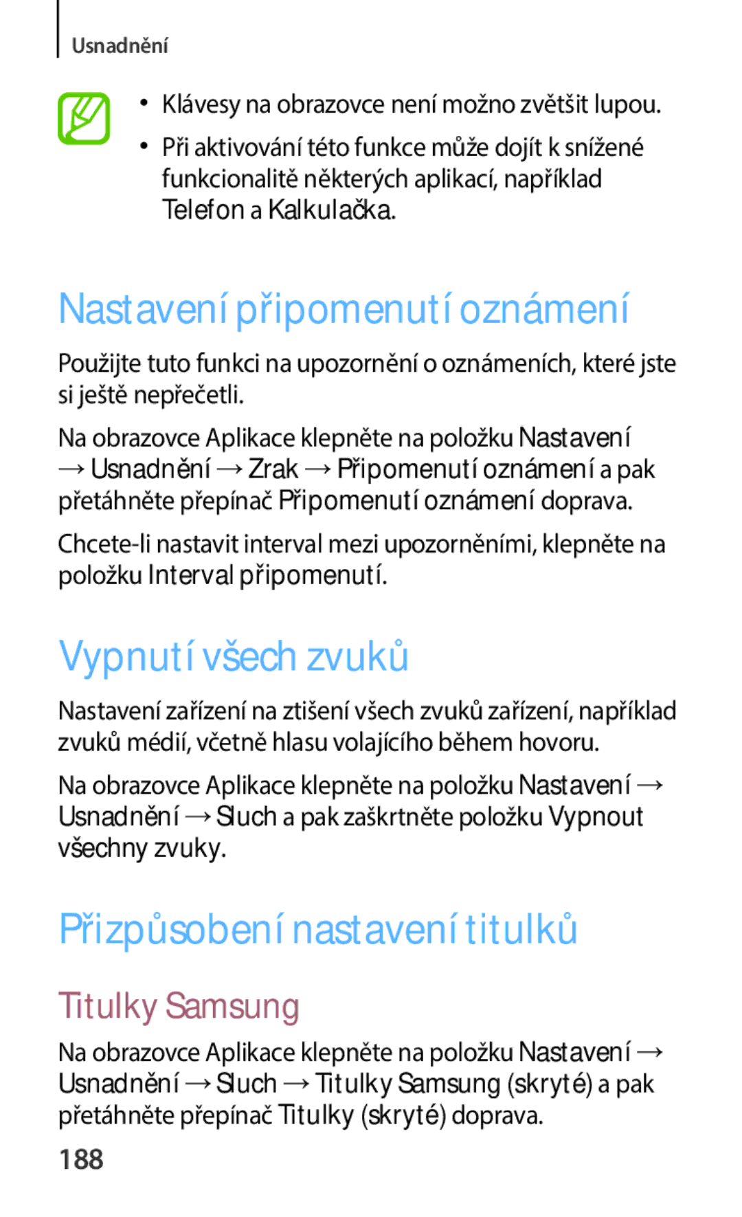 Samsung SM-C1150ZKAXEO, SM-C1150ZKAEUR manual Vypnutí všech zvuků, Přizpůsobení nastavení titulků, Titulky Samsung, 188 