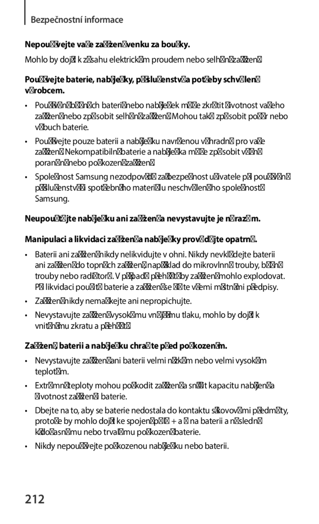 Samsung SM-C1150ZWAATO, SM-C1150ZKAEUR, SM-C1150ZBAXEH, SM-C1150ZKAATO, SM-C1150ZKAXSK manual 212, Bezpečnostní informace 