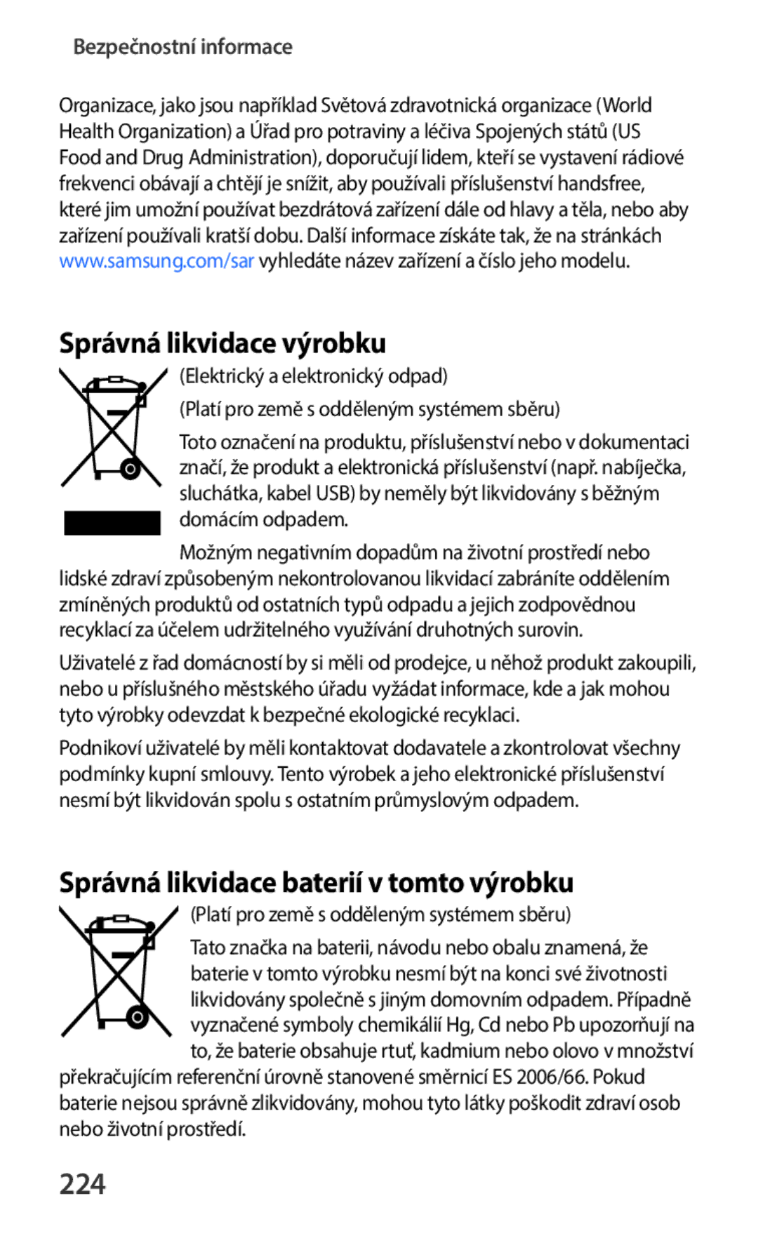 Samsung SM-C1150ZKAXSK, SM-C1150ZKAEUR manual Správná likvidace výrobku, Správná likvidace baterií v tomto výrobku, 224 