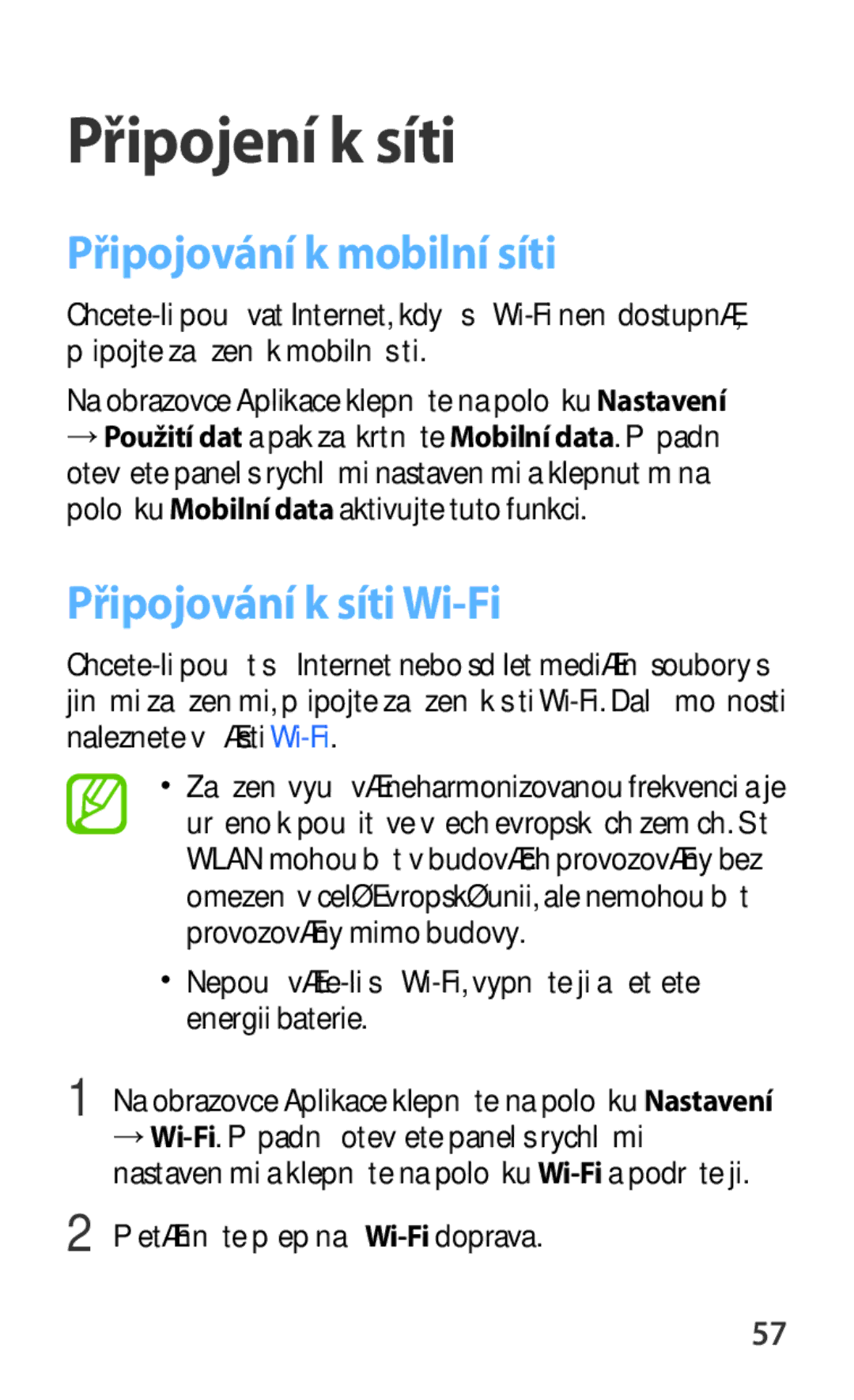 Samsung SM-C1150ZBAXEZ, SM-C1150ZKAEUR manual Připojení k síti, Připojování k mobilní síti, Připojování k síti Wi-Fi 