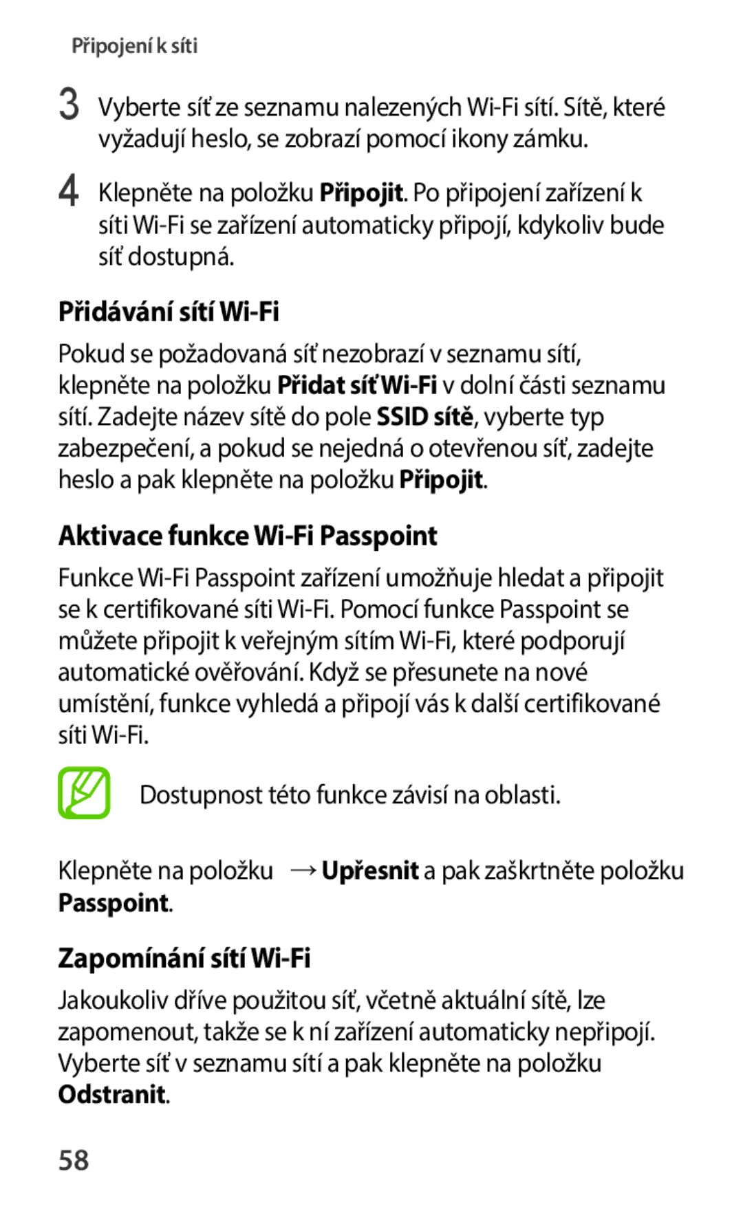 Samsung SM-C1150ZKAXEO manual Přidávání sítí Wi-Fi, Aktivace funkce Wi-Fi Passpoint, Zapomínání sítí Wi-Fi, Síť dostupná 