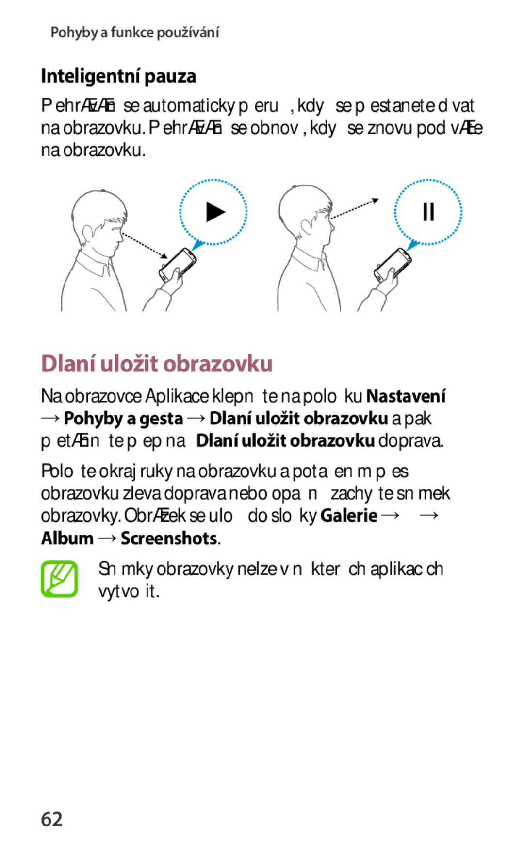 Samsung SM-C1150ZBAEUR Dlaní uložit obrazovku, Inteligentní pauza, Snímky obrazovky nelze v některých aplikacích vytvořit 