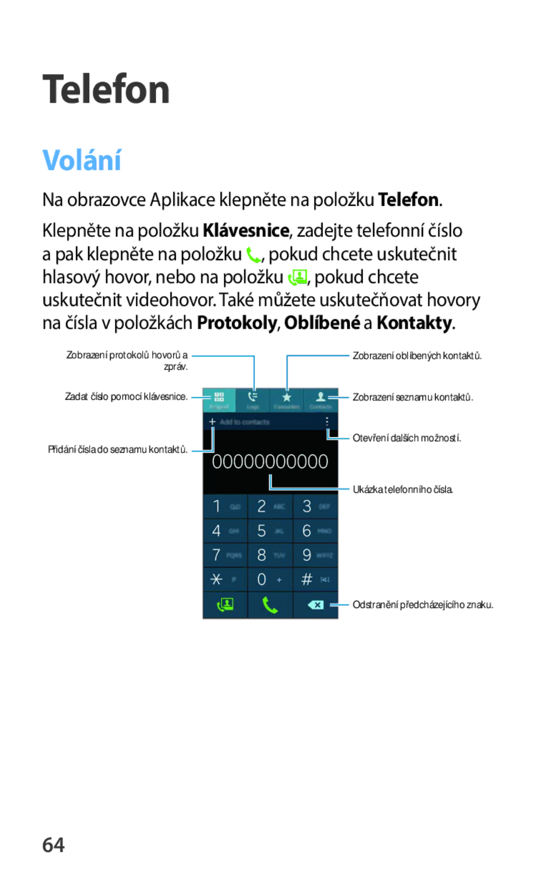 Samsung SM-C1150ZKAXEH, SM-C1150ZKAEUR, SM-C1150ZBAXEH manual Volání, Na obrazovce Aplikace klepněte na položku Telefon 