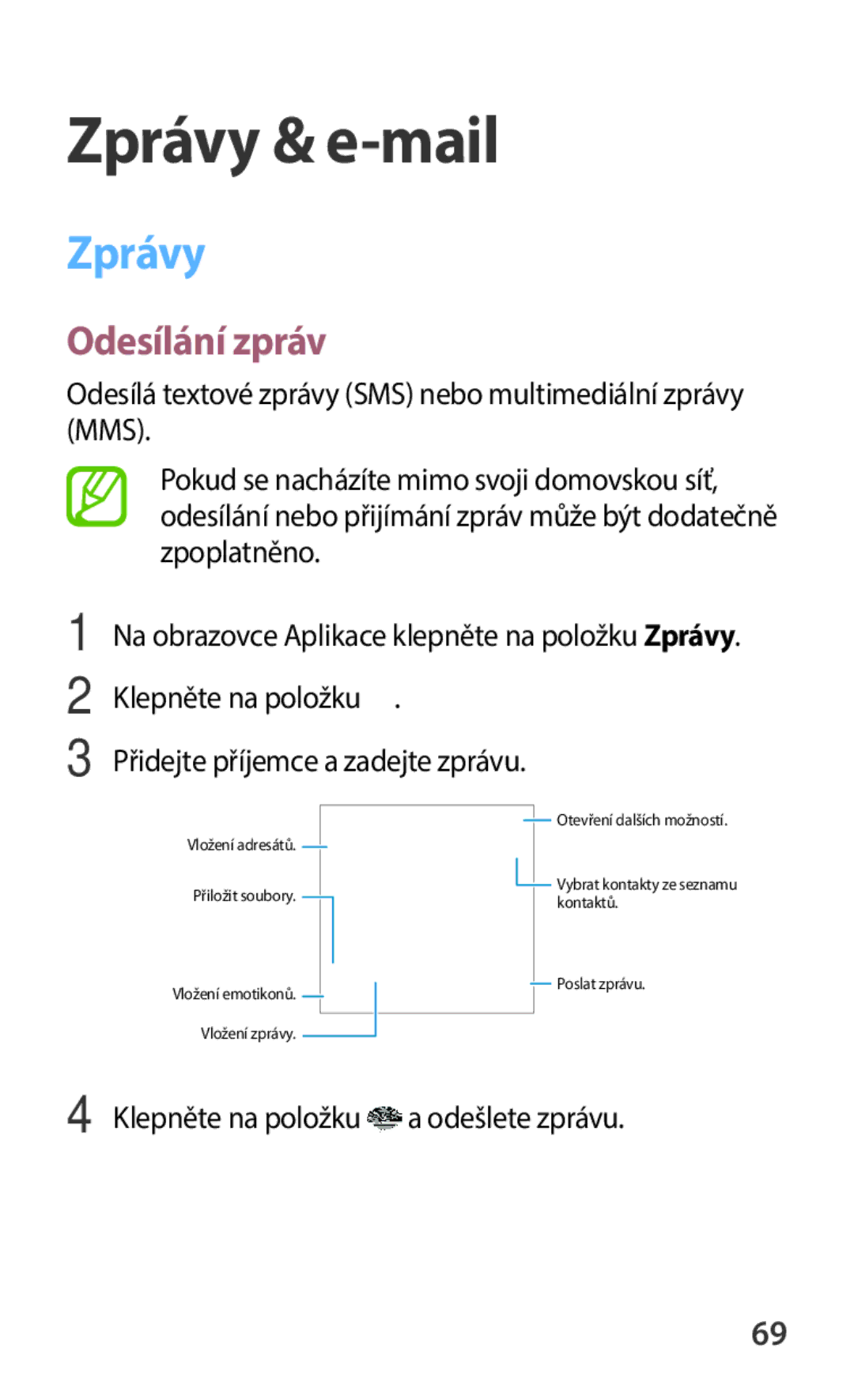 Samsung SM-C1150ZWAATO manual Zprávy & e-mail, Odesílání zpráv, Klepněte na položku Přidejte příjemce a zadejte zprávu 