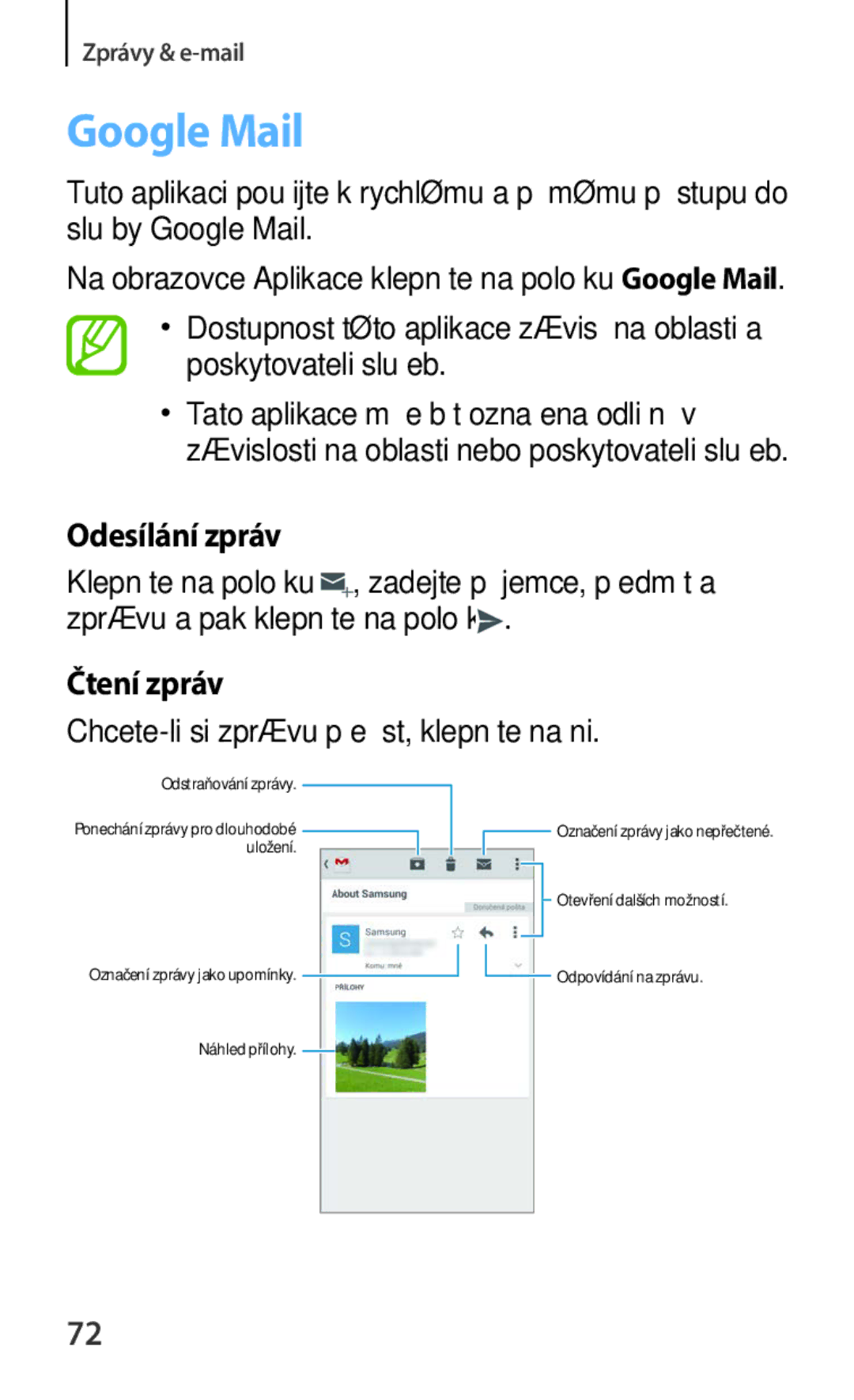 Samsung SM-C1150ZWAXEH, SM-C1150ZKAEUR, SM-C1150ZBAXEH, SM-C1150ZKAATO manual Google Mail, Odesílání zpráv, Čtení zpráv 