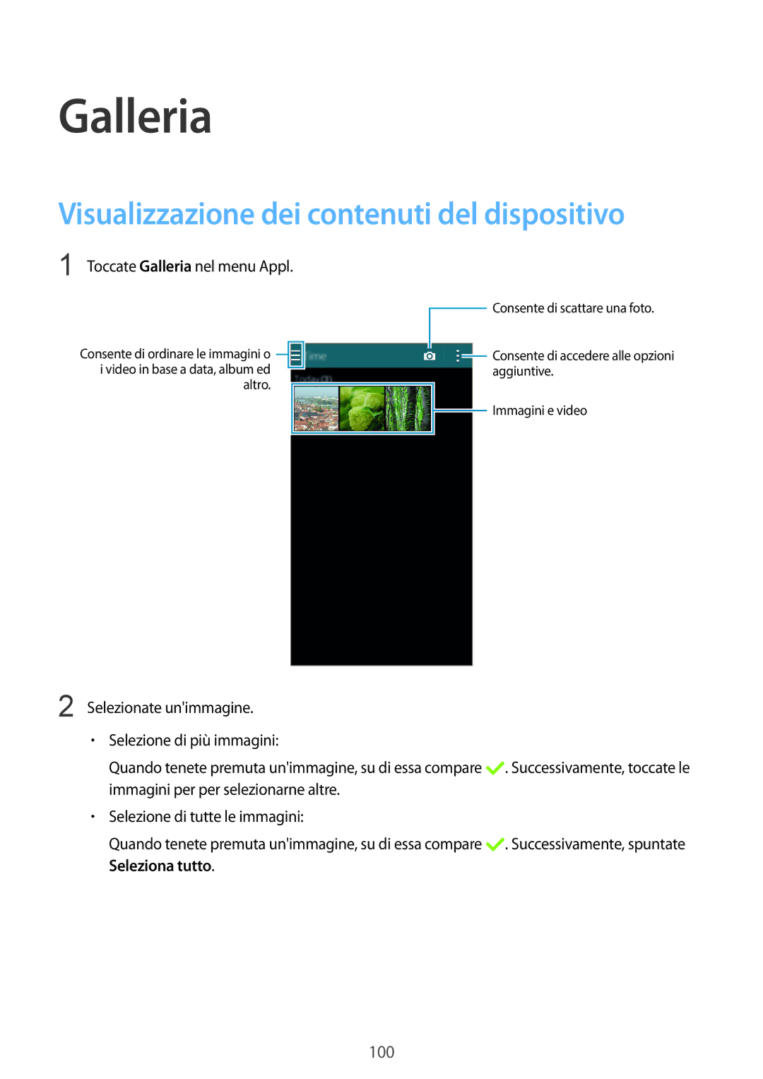 Samsung SM-C1150ZKAPHN, SM-C1150ZWAITV, SM-C1150ZKAITV manual Galleria, Visualizzazione dei contenuti del dispositivo 