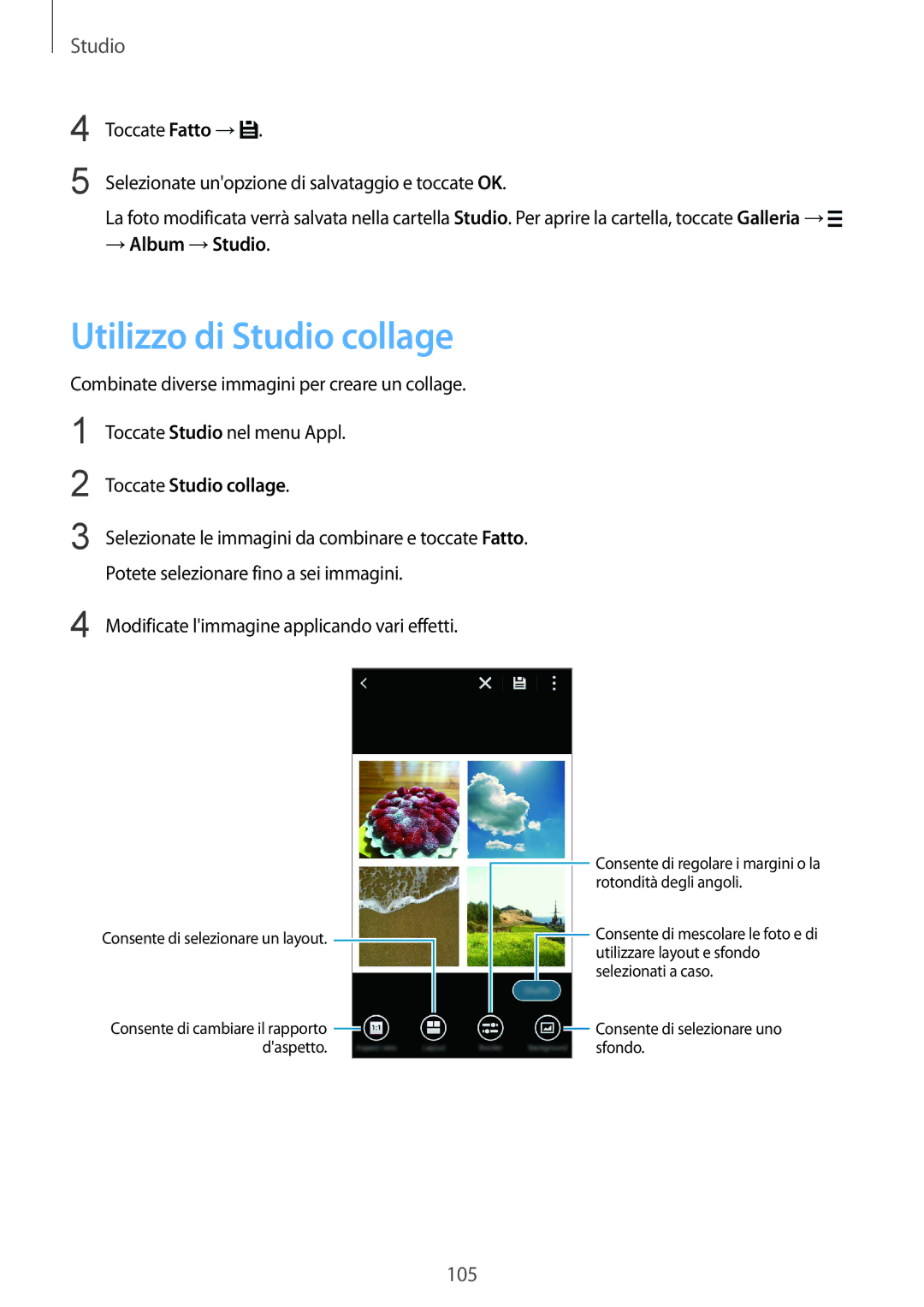Samsung SM-C1150ZWAITV, SM-C1150ZKAPHN, SM-C1150ZKAITV Utilizzo di Studio collage, → Album →Studio, Toccate Studio collage 