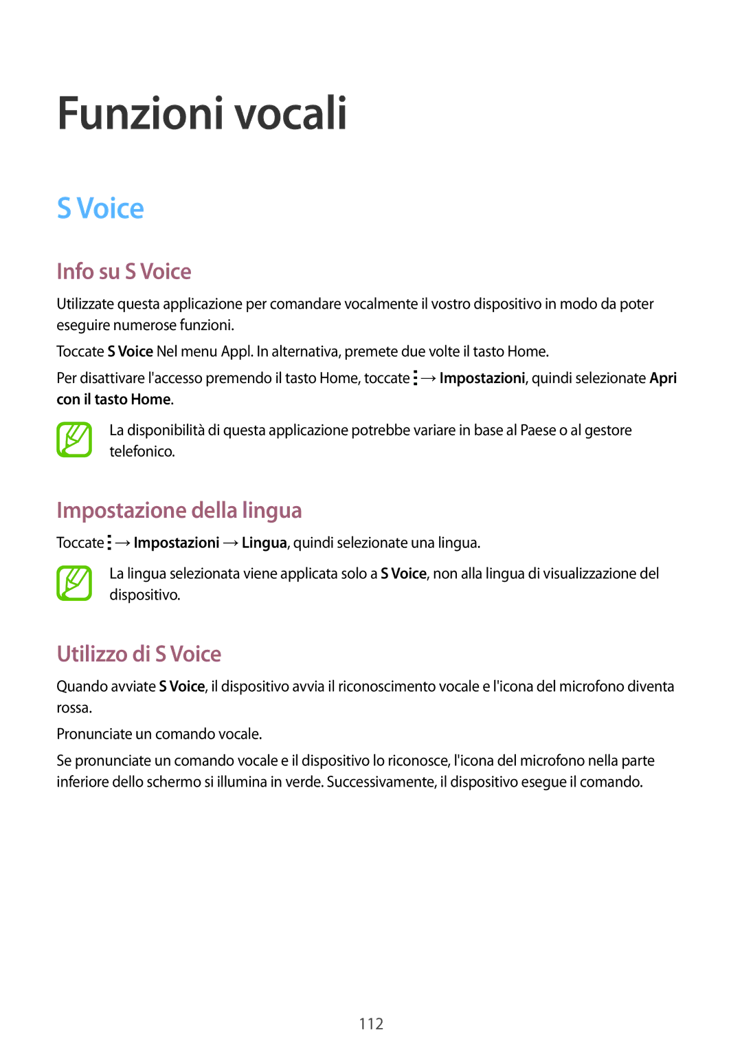 Samsung SM-C1150ZKAPHN manual Funzioni vocali, Info su S Voice, Impostazione della lingua, Utilizzo di S Voice 