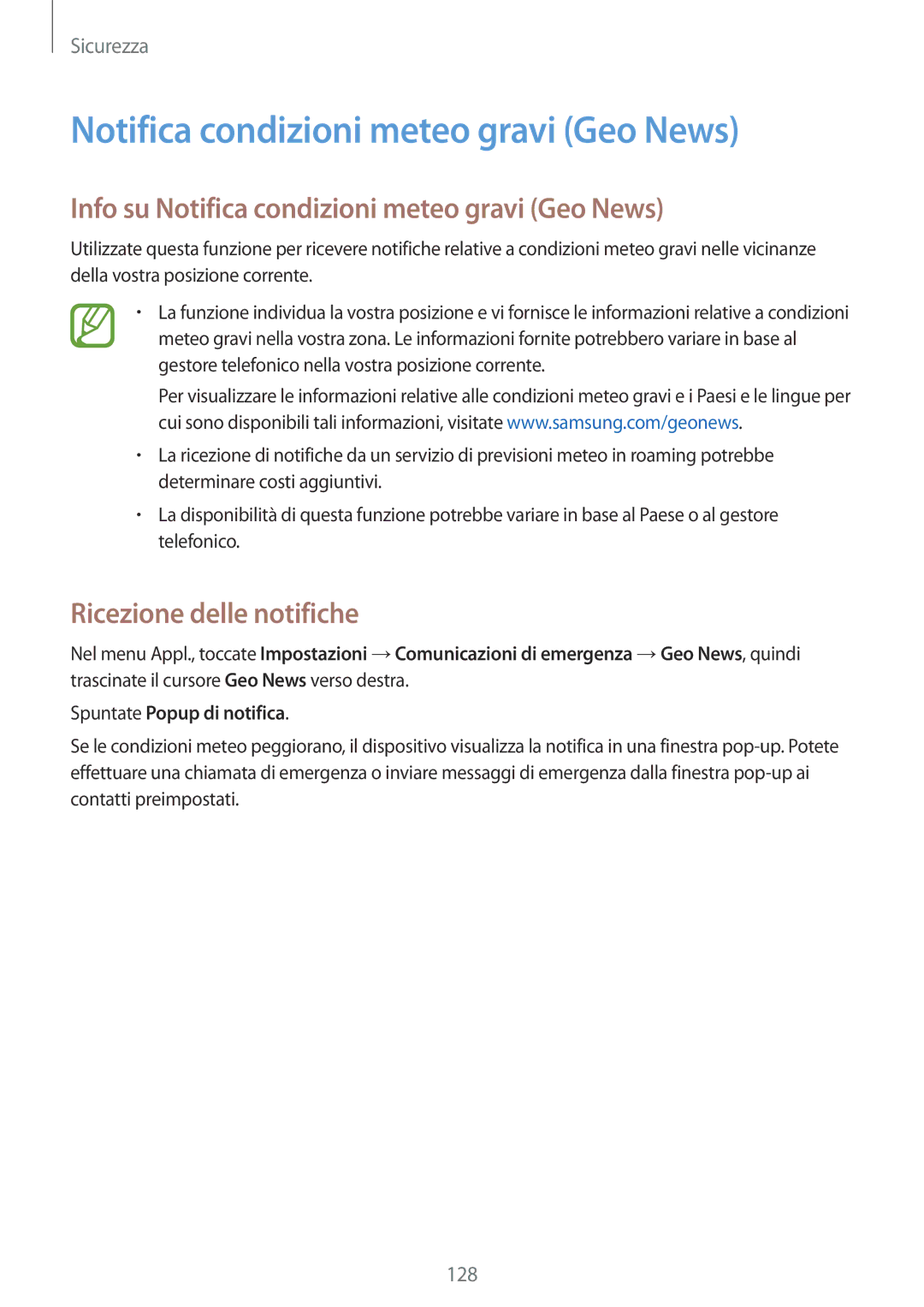 Samsung SM-C1150ZKAPHN, SM-C1150ZWAITV Info su Notifica condizioni meteo gravi Geo News, Ricezione delle notifiche 
