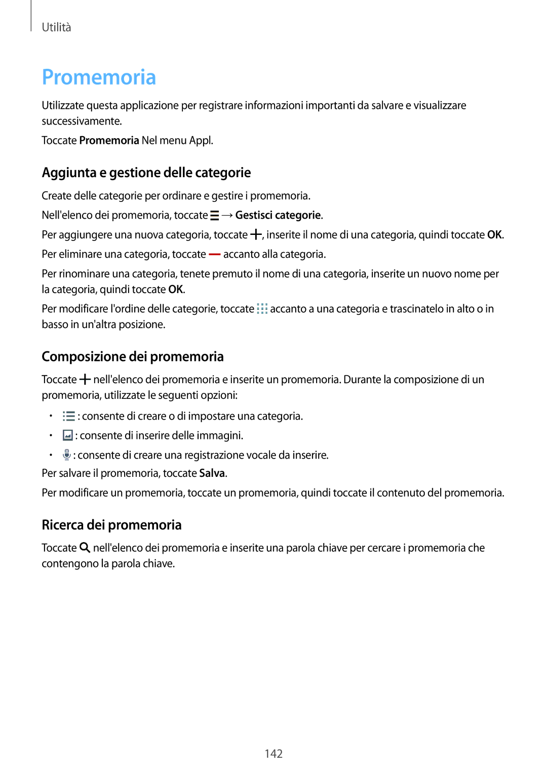 Samsung SM-C1150ZKAITV, SM-C1150ZKAPHN manual Promemoria, Aggiunta e gestione delle categorie, Composizione dei promemoria 