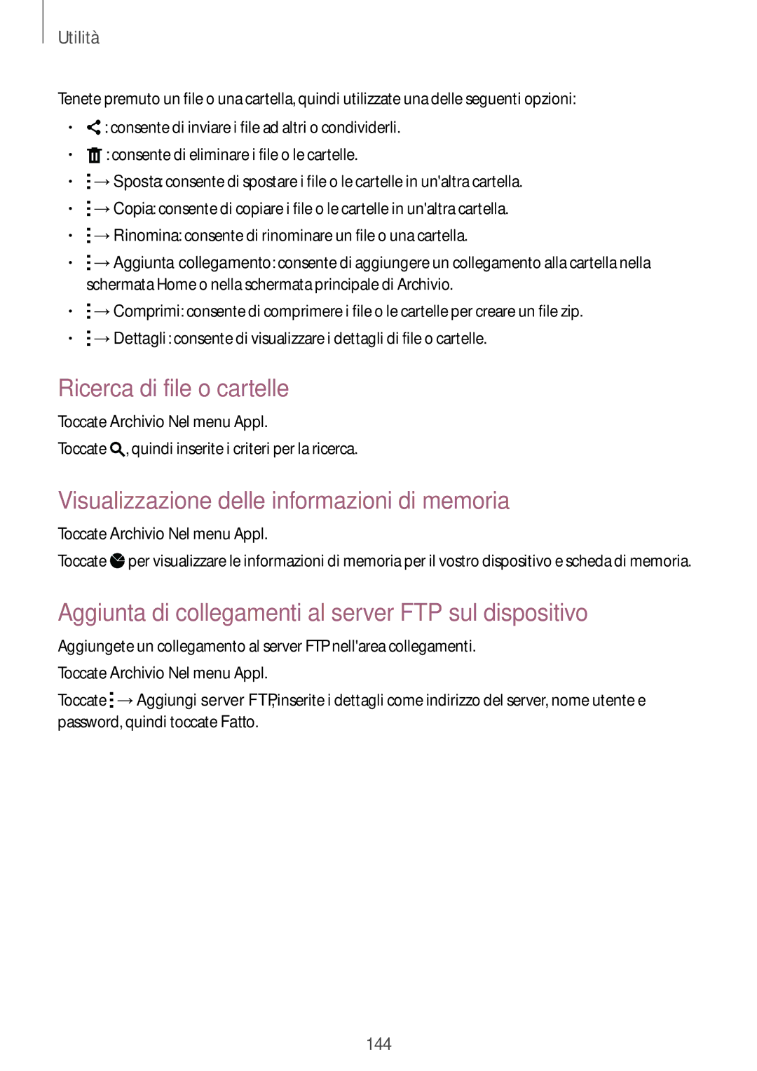 Samsung SM-C1150ZKAPHN, SM-C1150ZWAITV manual Ricerca di file o cartelle, Visualizzazione delle informazioni di memoria 