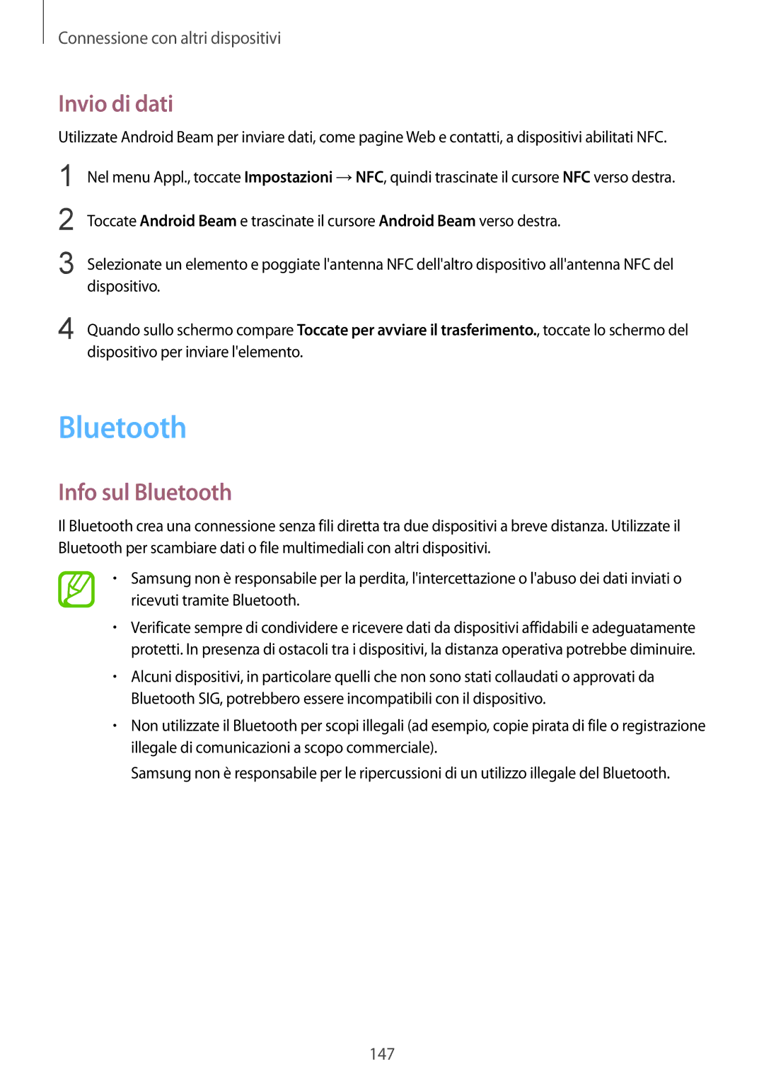 Samsung SM-C1150ZBAITV, SM-C1150ZKAPHN, SM-C1150ZWAITV, SM-C1150ZKAITV manual Invio di dati, Info sul Bluetooth 