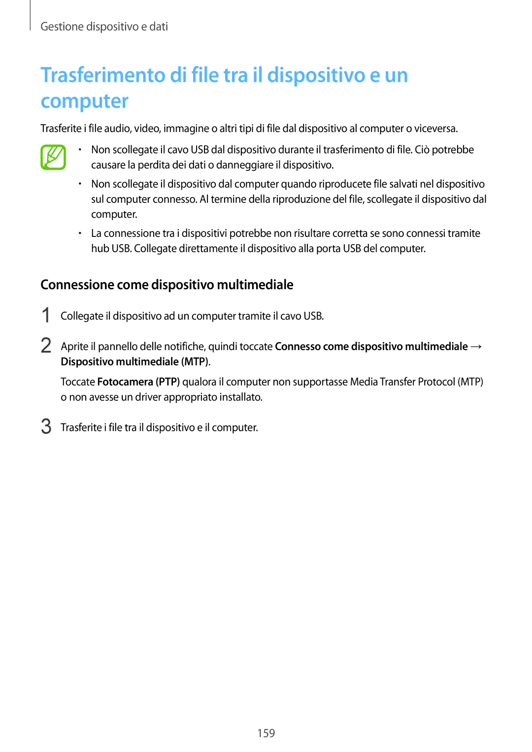 Samsung SM-C1150ZBAITV Trasferimento di file tra il dispositivo e un computer, Connessione come dispositivo multimediale 