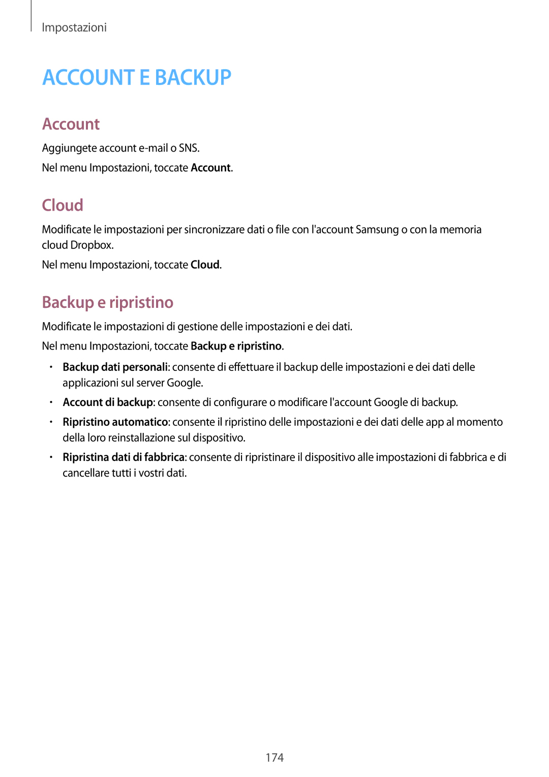 Samsung SM-C1150ZKAITV, SM-C1150ZKAPHN, SM-C1150ZWAITV, SM-C1150ZBAITV manual Account, Cloud, Backup e ripristino 