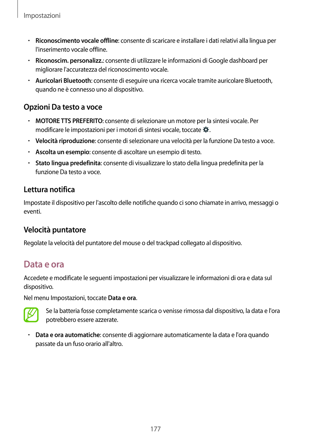 Samsung SM-C1150ZWAITV, SM-C1150ZKAPHN manual Data e ora, Opzioni Da testo a voce, Lettura notifica, Velocità puntatore 