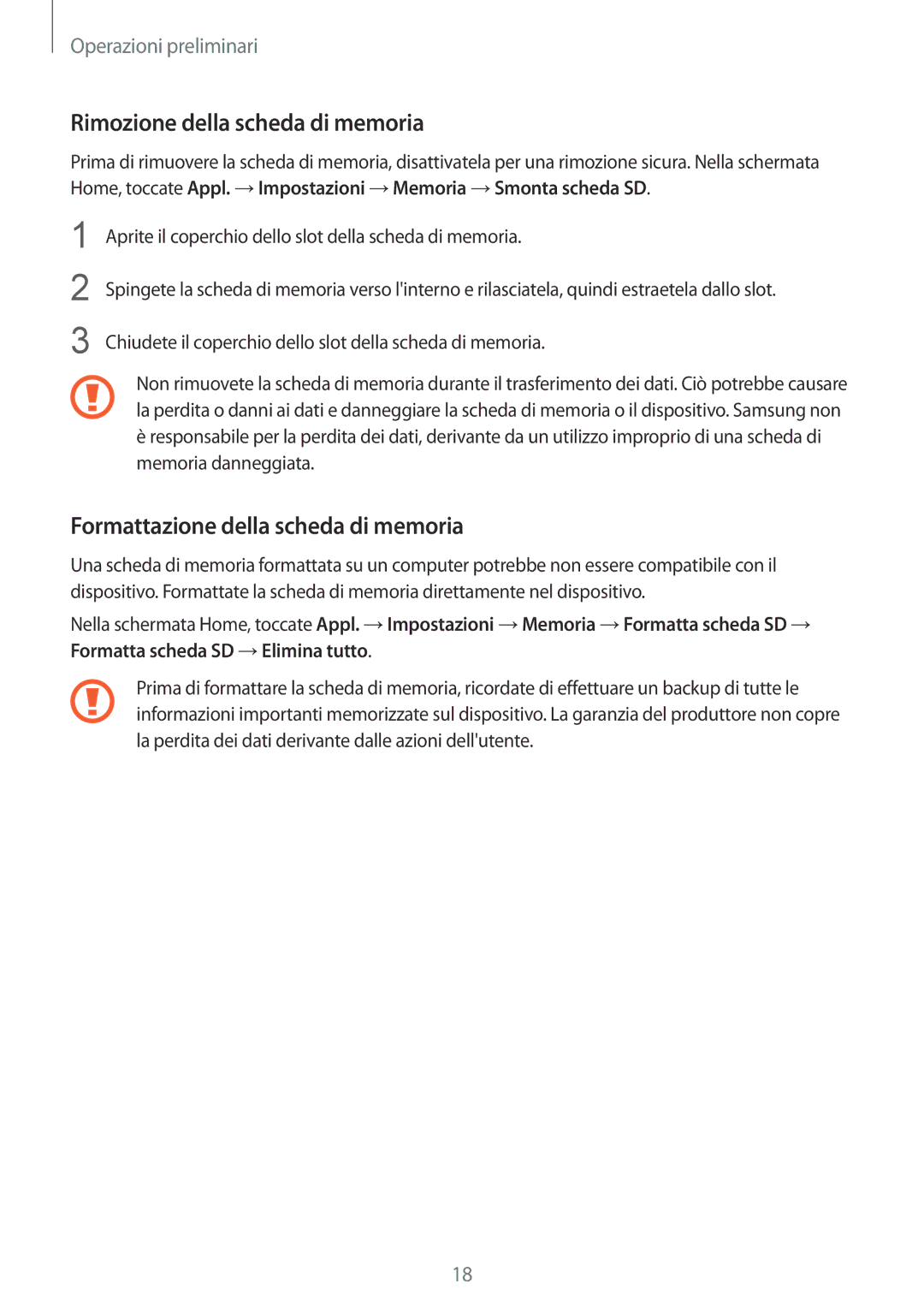 Samsung SM-C1150ZKAITV, SM-C1150ZKAPHN manual Rimozione della scheda di memoria, Formattazione della scheda di memoria 