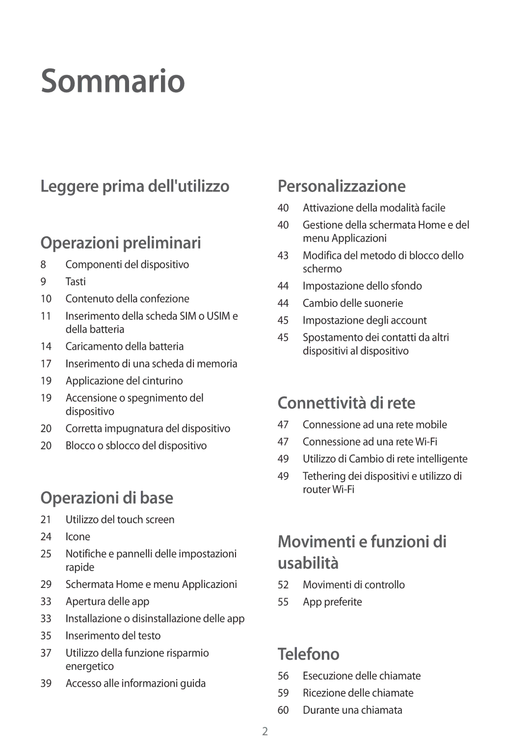 Samsung SM-C1150ZKAITV, SM-C1150ZKAPHN, SM-C1150ZWAITV manual Sommario, Leggere prima dellutilizzo Operazioni preliminari 