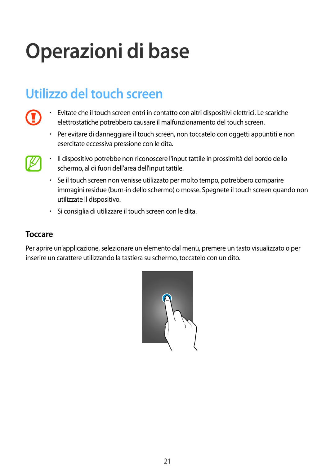 Samsung SM-C1150ZWAITV, SM-C1150ZKAPHN, SM-C1150ZKAITV manual Operazioni di base, Utilizzo del touch screen, Toccare 