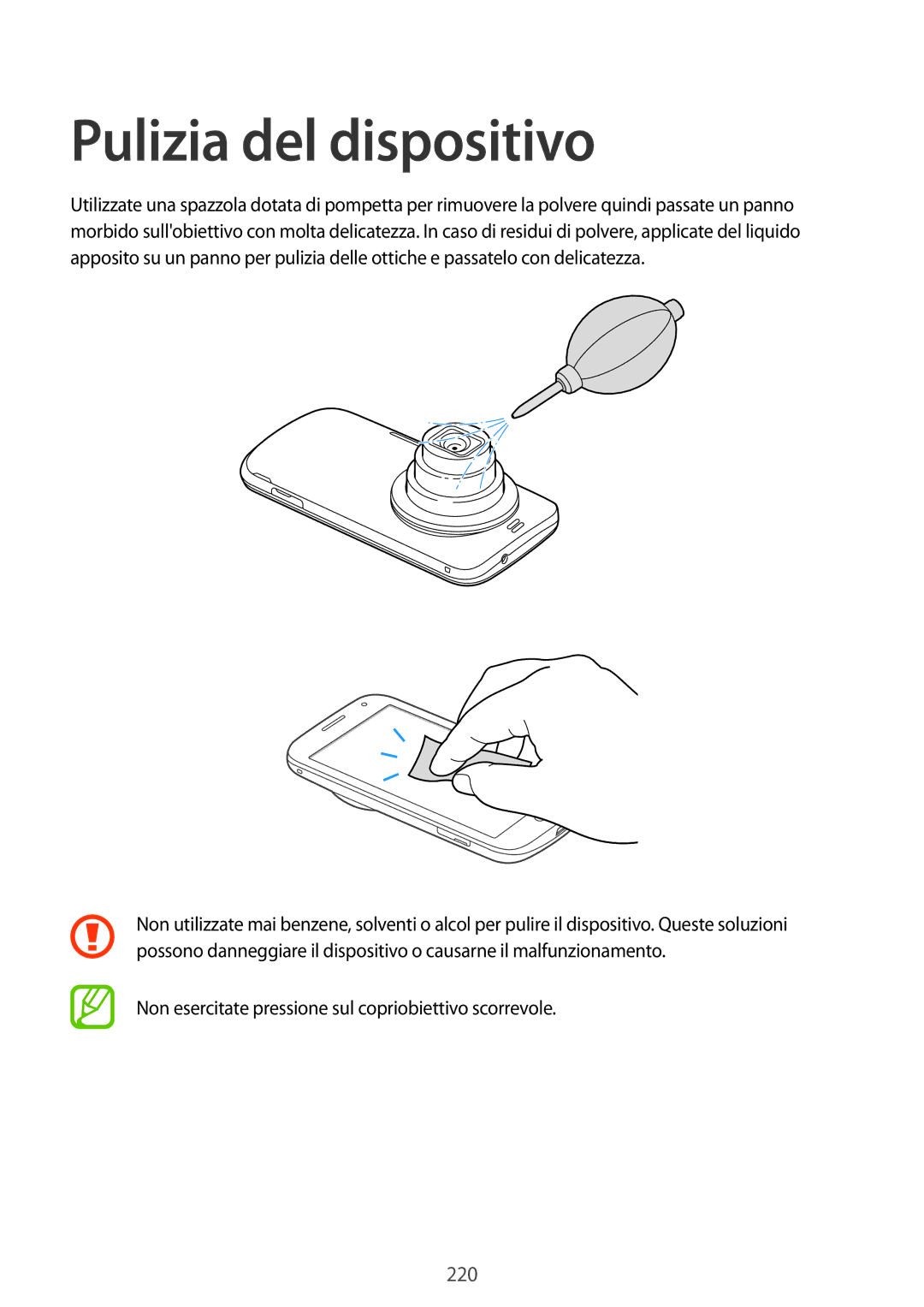 Samsung SM-C1150ZKAPHN, SM-C1150ZWAITV, SM-C1150ZKAITV, SM-C1150ZBAITV manual Pulizia del dispositivo, 220 