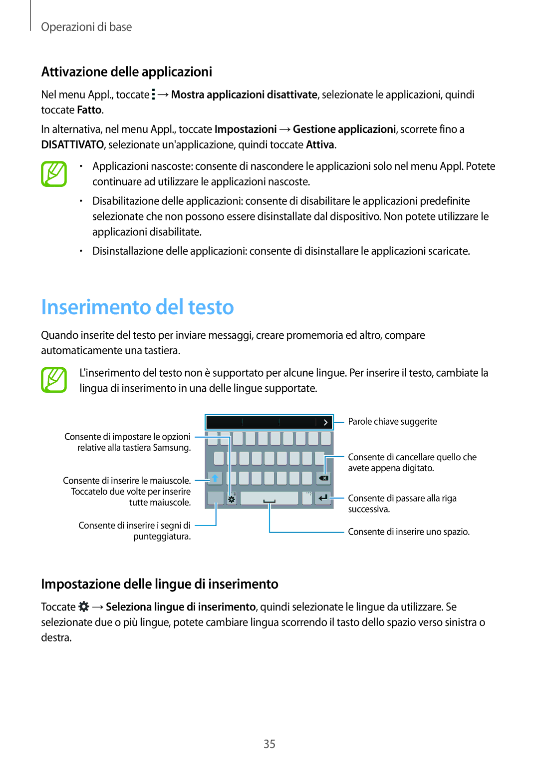 Samsung SM-C1150ZBAITV Inserimento del testo, Attivazione delle applicazioni, Impostazione delle lingue di inserimento 