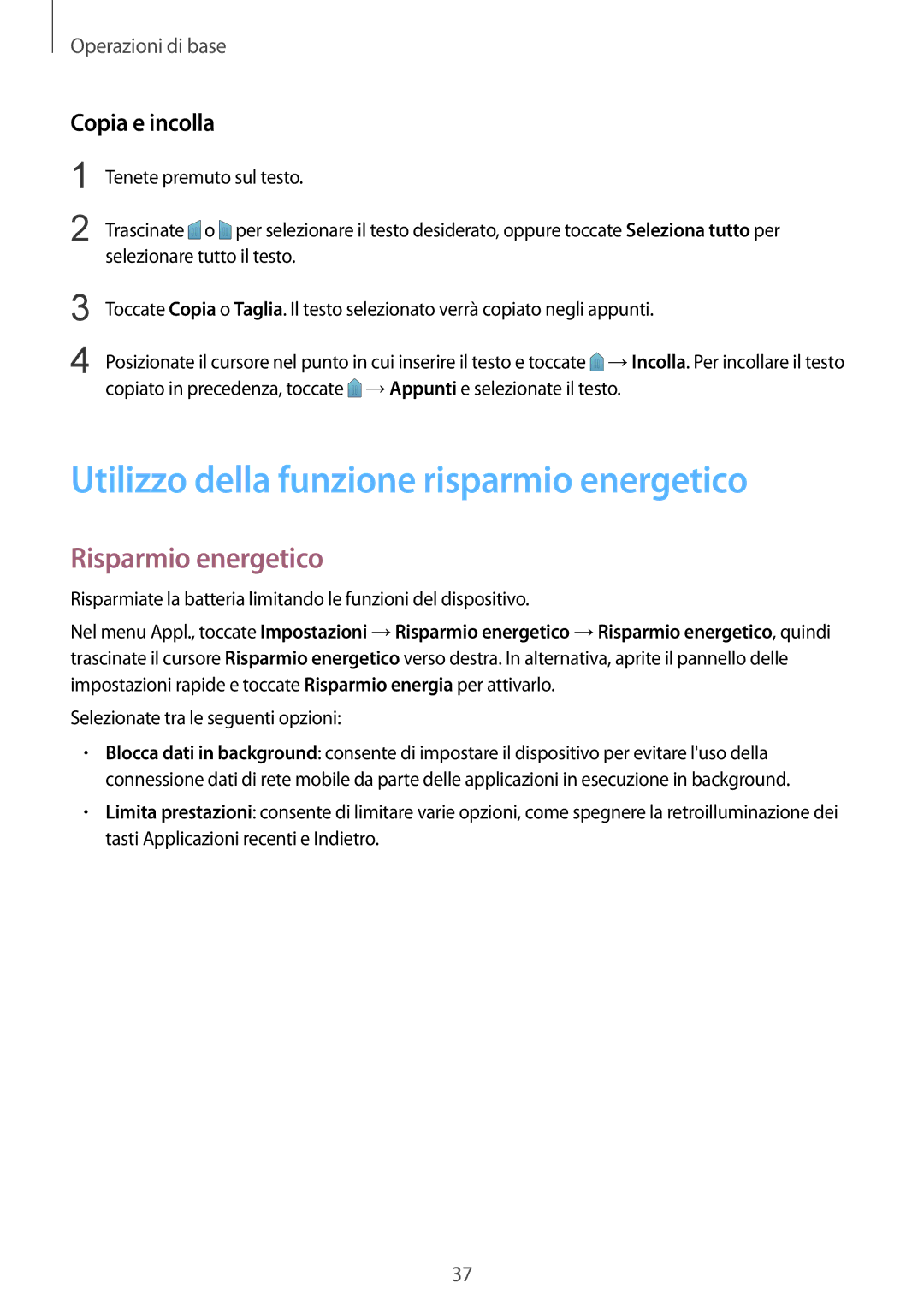 Samsung SM-C1150ZWAITV, SM-C1150ZKAPHN Utilizzo della funzione risparmio energetico, Risparmio energetico, Copia e incolla 