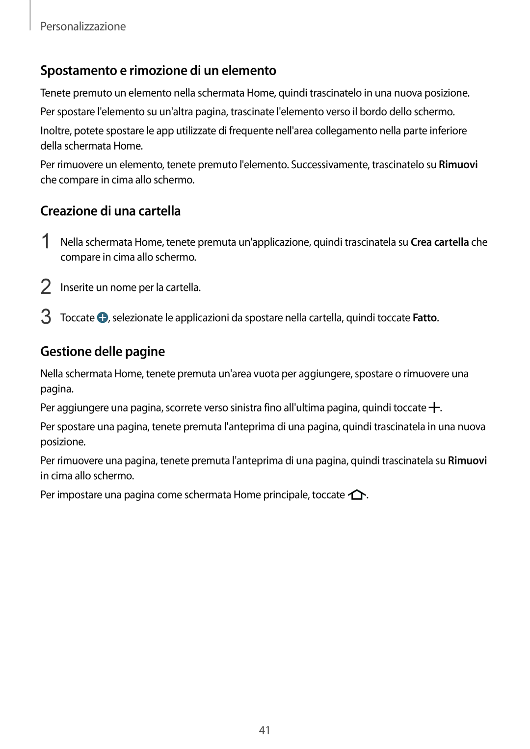 Samsung SM-C1150ZWAITV manual Spostamento e rimozione di un elemento, Creazione di una cartella, Gestione delle pagine 