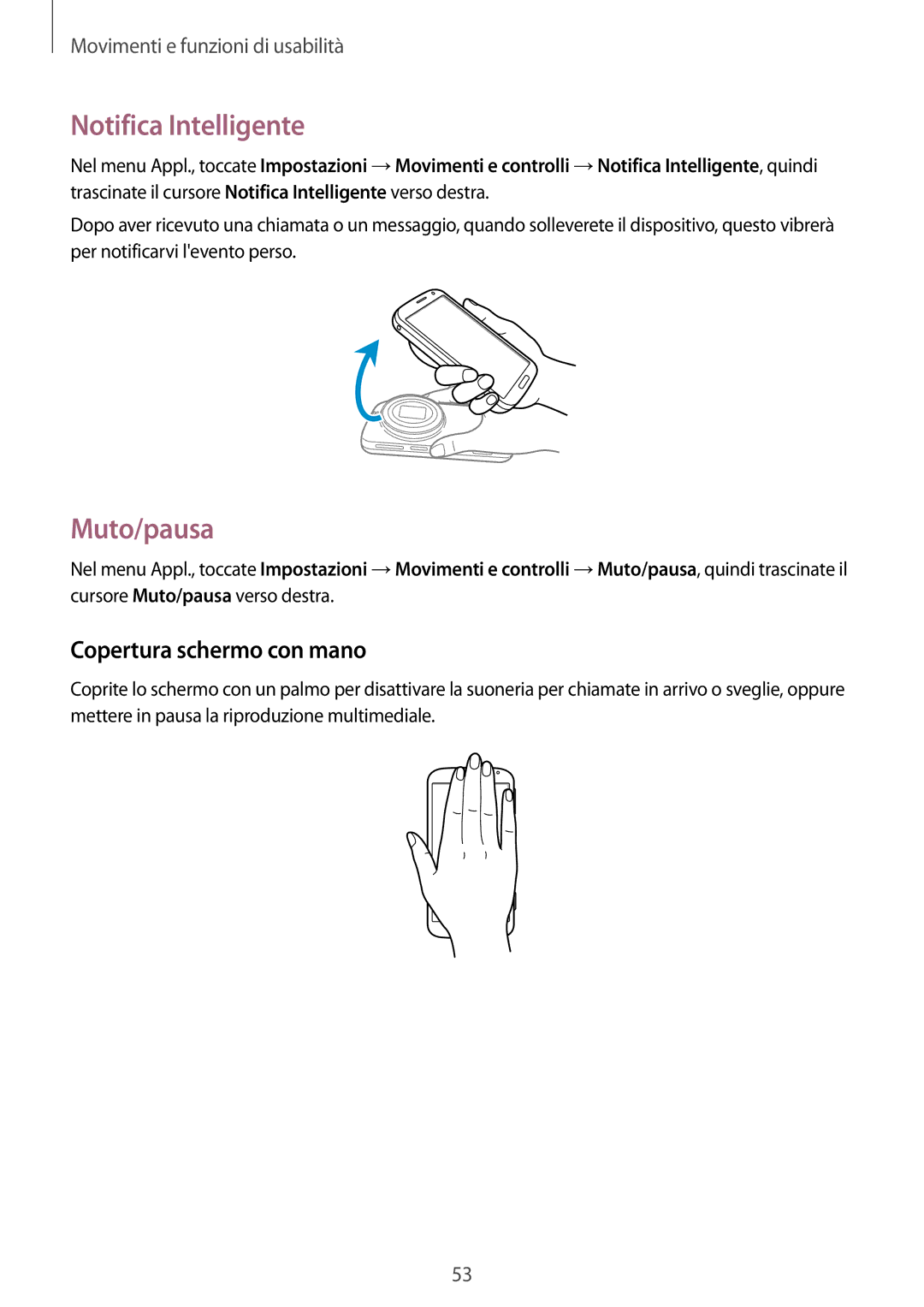 Samsung SM-C1150ZWAITV, SM-C1150ZKAPHN, SM-C1150ZKAITV manual Notifica Intelligente, Muto/pausa, Copertura schermo con mano 