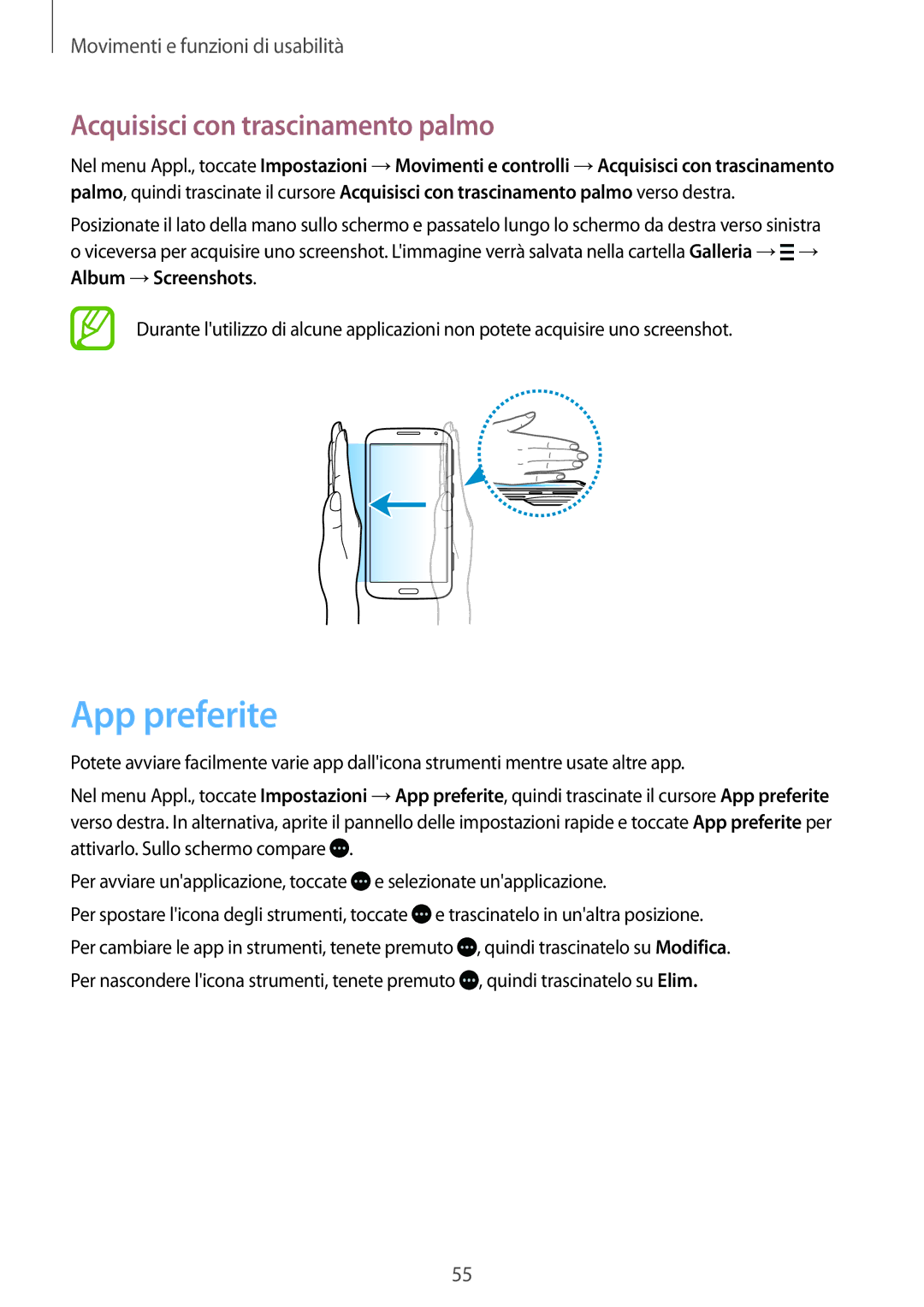 Samsung SM-C1150ZBAITV, SM-C1150ZKAPHN, SM-C1150ZWAITV, SM-C1150ZKAITV App preferite, Acquisisci con trascinamento palmo 