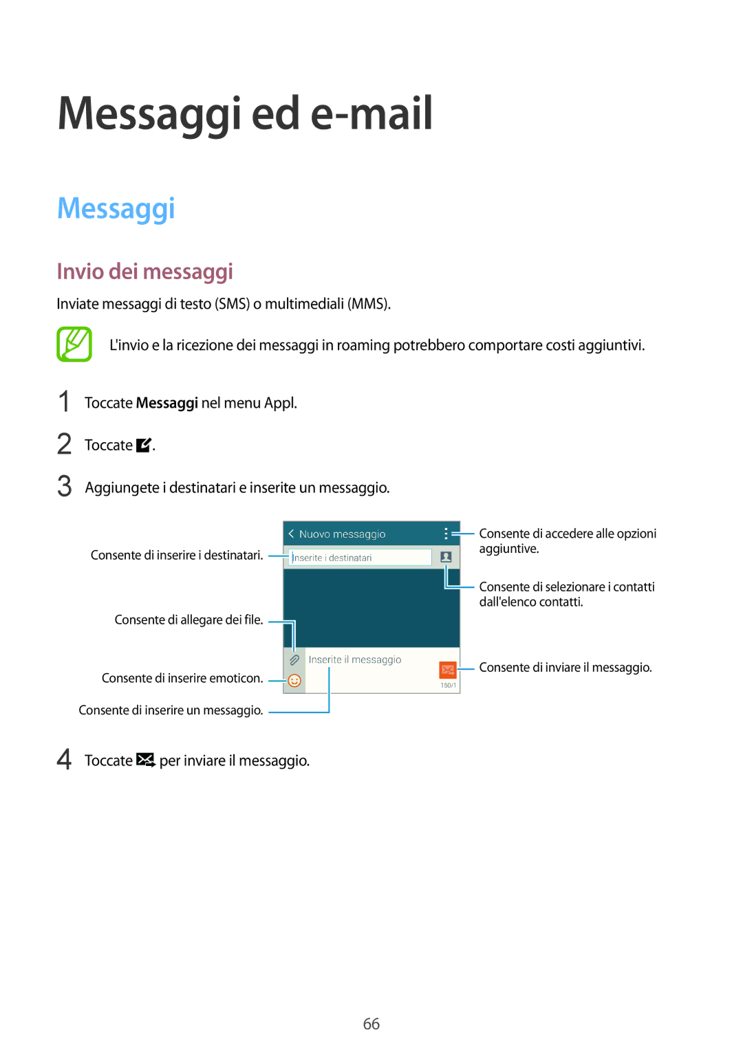 Samsung SM-C1150ZKAITV, SM-C1150ZKAPHN, SM-C1150ZWAITV, SM-C1150ZBAITV manual Messaggi ed e-mail, Invio dei messaggi 