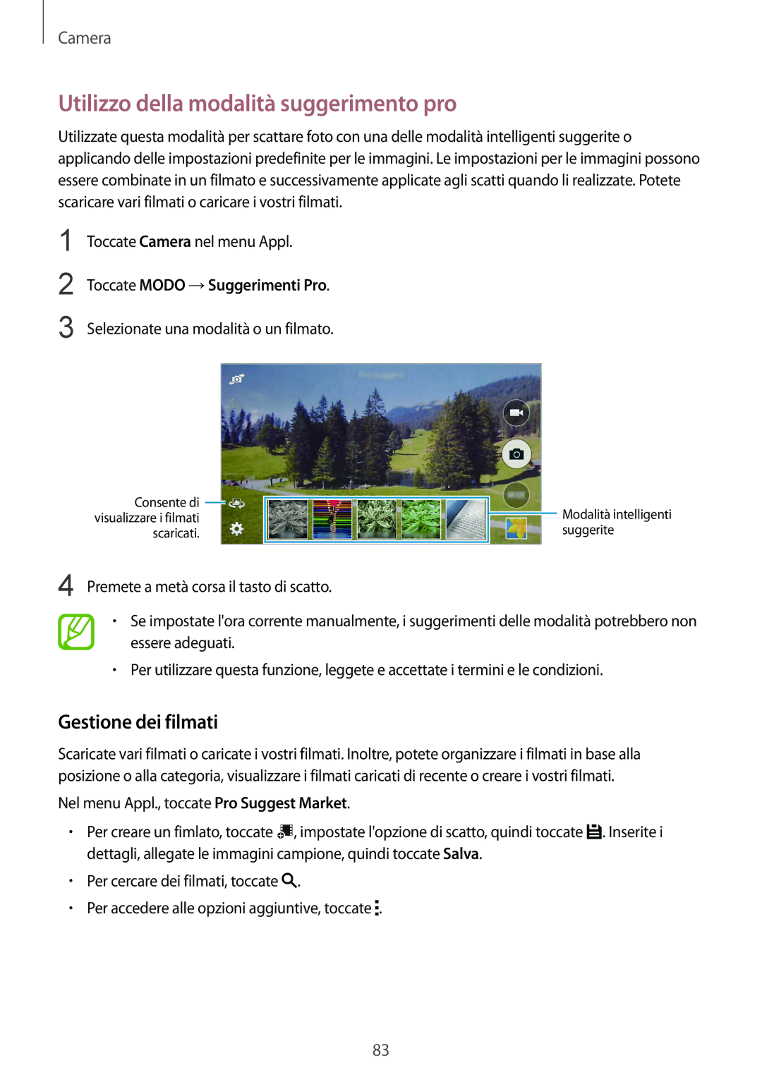Samsung SM-C1150ZBAITV Utilizzo della modalità suggerimento pro, Gestione dei filmati, Toccate Modo →Suggerimenti Pro 