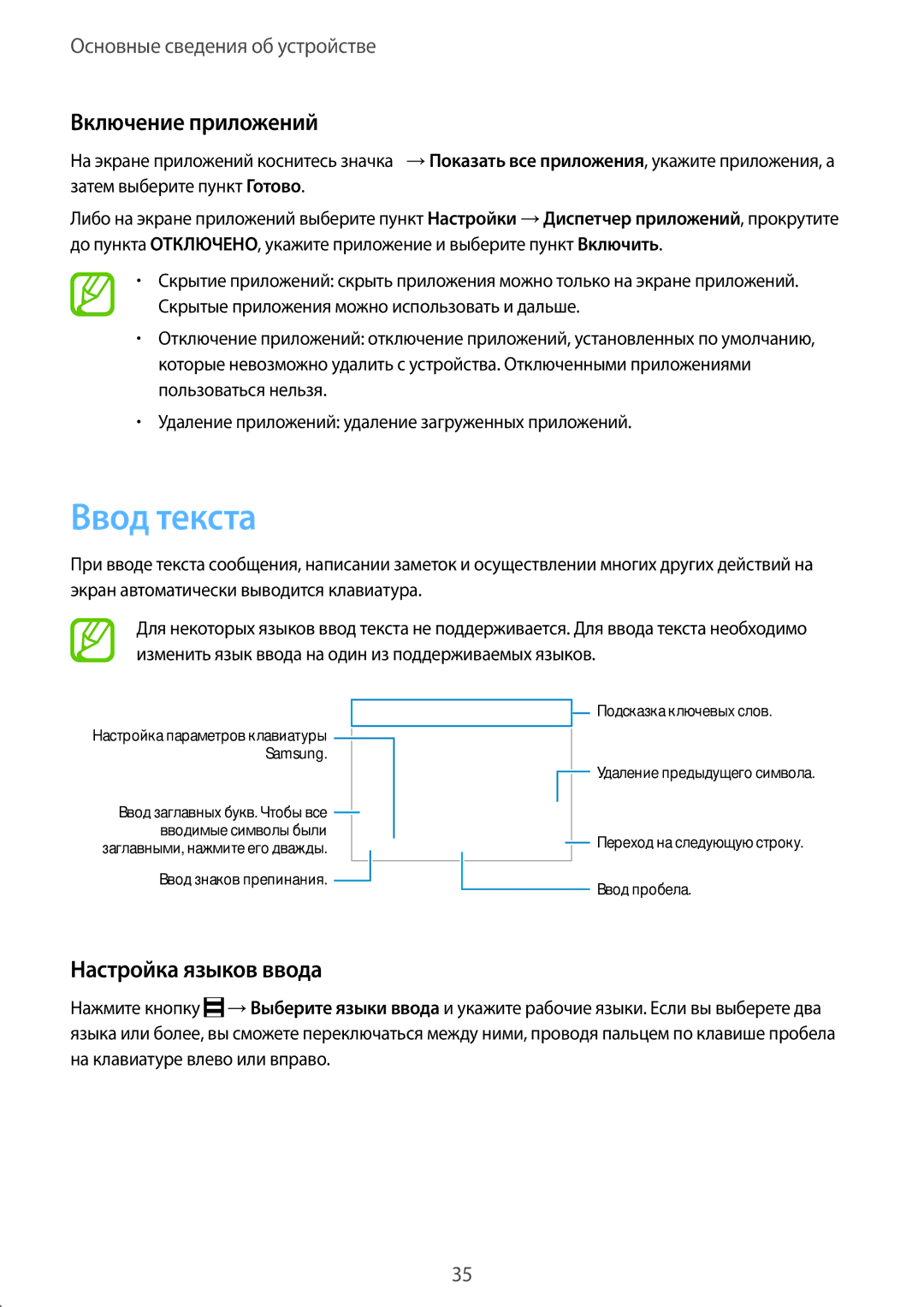 Samsung SM-C1150ZKASKZ, SM-C1150ZKASEB, SM-C1150ZKADBT manual Ввод текста, Включение приложений, Настройка языков ввода 