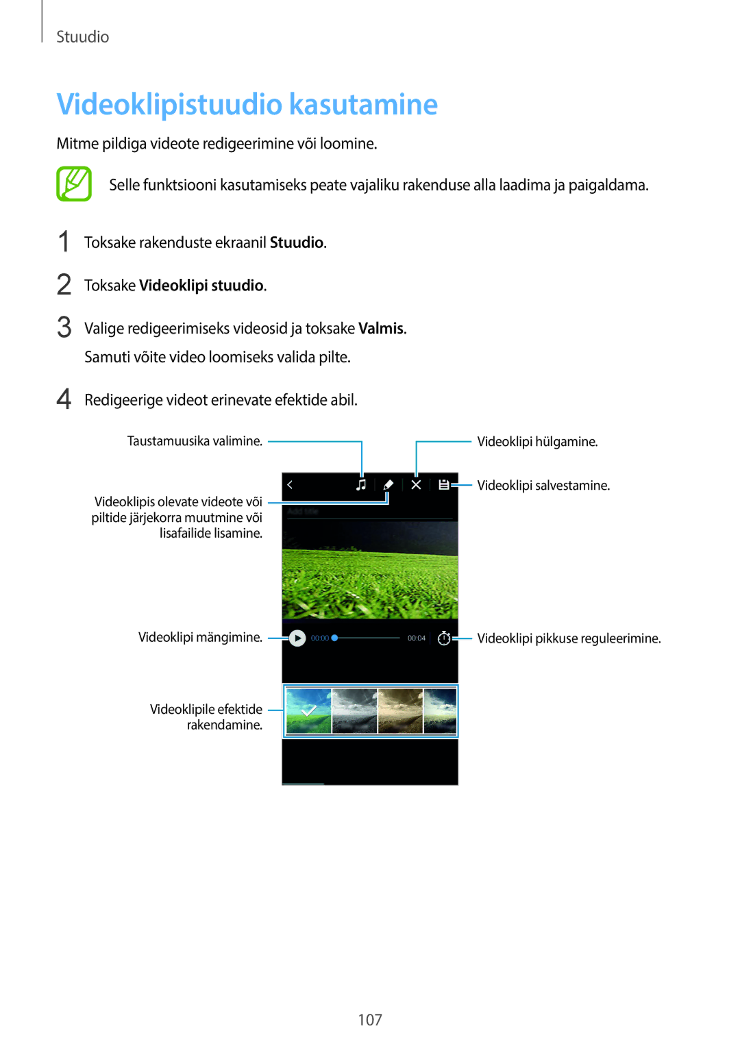 Samsung SM-C1150ZWASEB, SM-C1150ZKASEB, SM-C1150ZKADBT manual Videoklipistuudio kasutamine, Toksake Videoklipi stuudio 