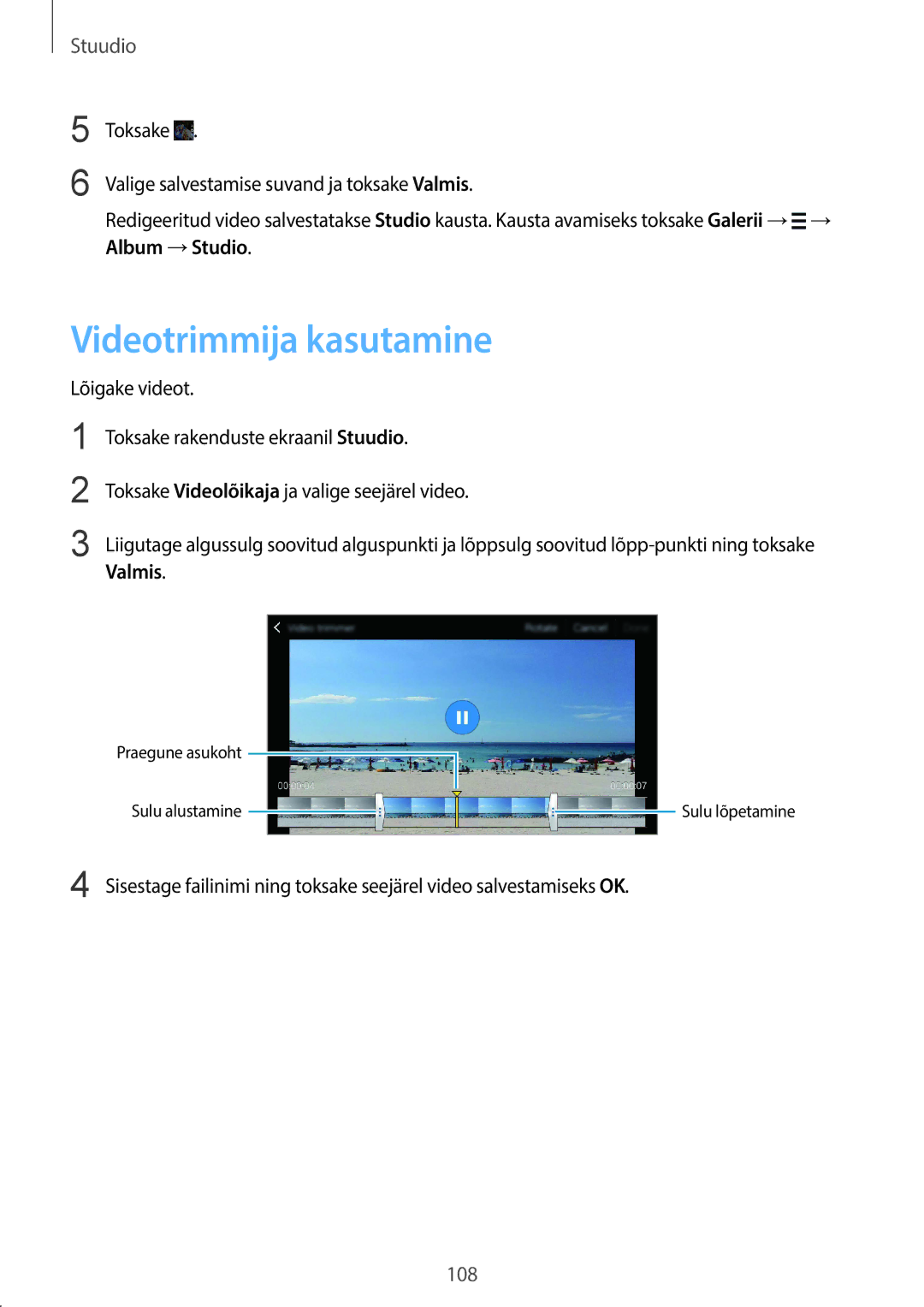 Samsung SM-C1150ZKASEB, SM-C1150ZKADBT, SM-C1150ZWASEB manual Videotrimmija kasutamine, Album →Studio, Valmis 
