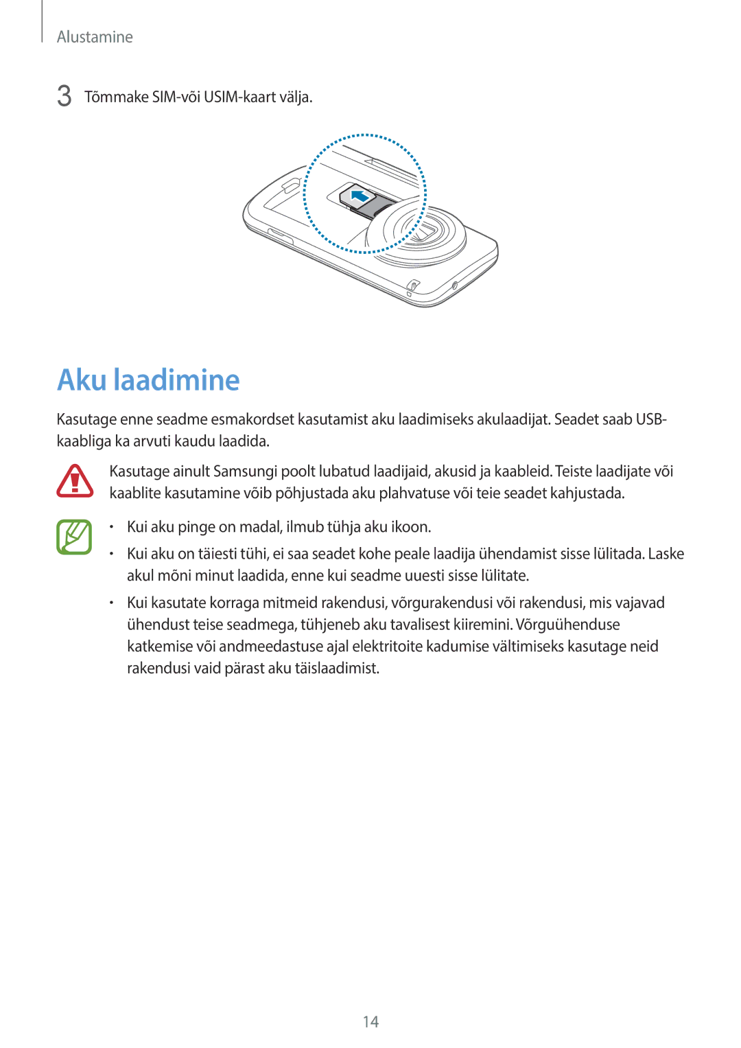 Samsung SM-C1150ZWASEB, SM-C1150ZKASEB, SM-C1150ZKADBT manual Aku laadimine, Kui aku pinge on madal, ilmub tühja aku ikoon 