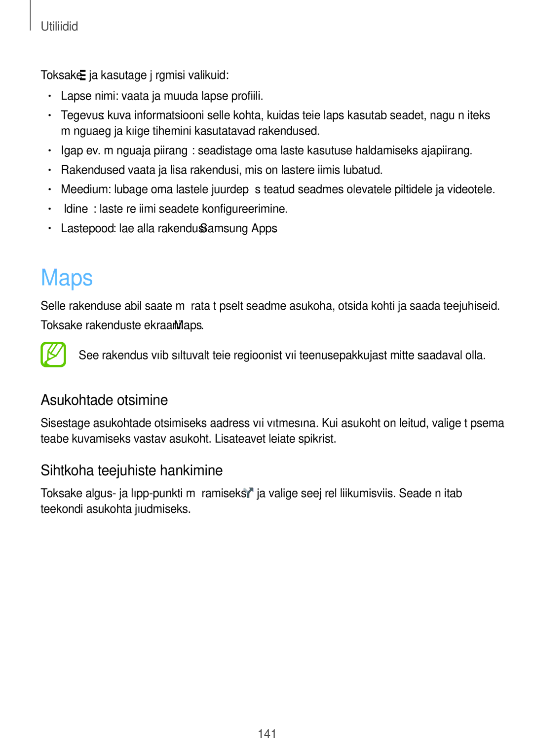 Samsung SM-C1150ZKASEB, SM-C1150ZKADBT, SM-C1150ZWASEB manual Maps, Asukohtade otsimine, Sihtkoha teejuhiste hankimine 