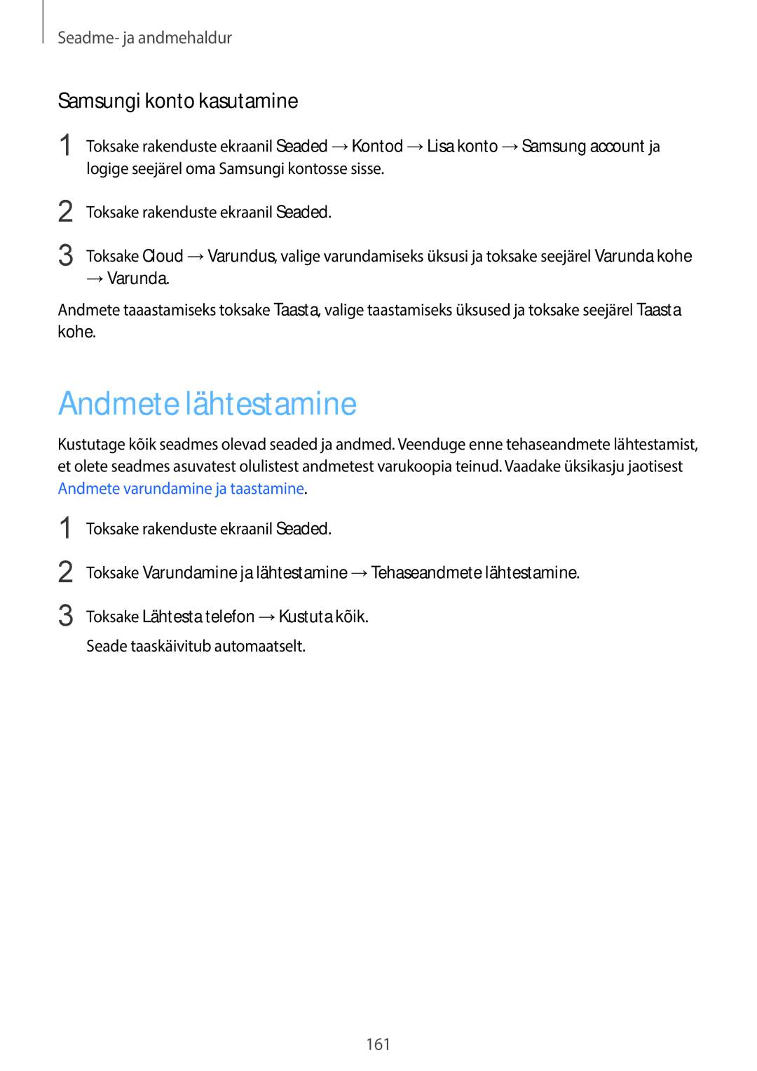Samsung SM-C1150ZWASEB, SM-C1150ZKASEB, SM-C1150ZKADBT manual Andmete lähtestamine, Samsungi konto kasutamine, → Varunda 