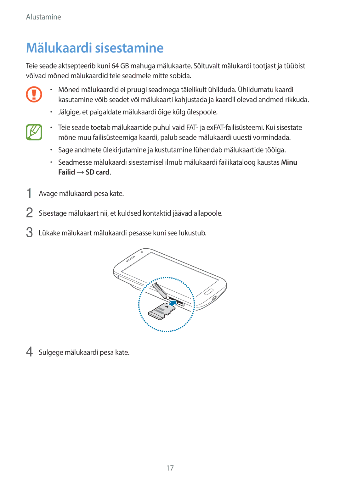 Samsung SM-C1150ZWASEB, SM-C1150ZKASEB, SM-C1150ZKADBT manual Mälukaardi sisestamine 