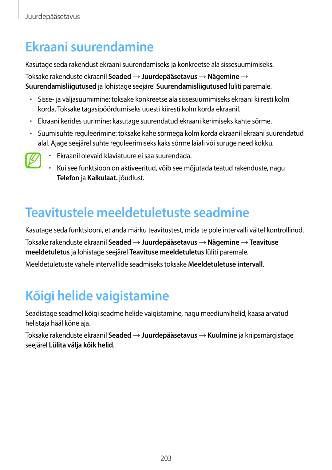 Samsung SM-C1150ZWASEB manual Ekraani suurendamine, Teavitustele meeldetuletuste seadmine, Kõigi helide vaigistamine 