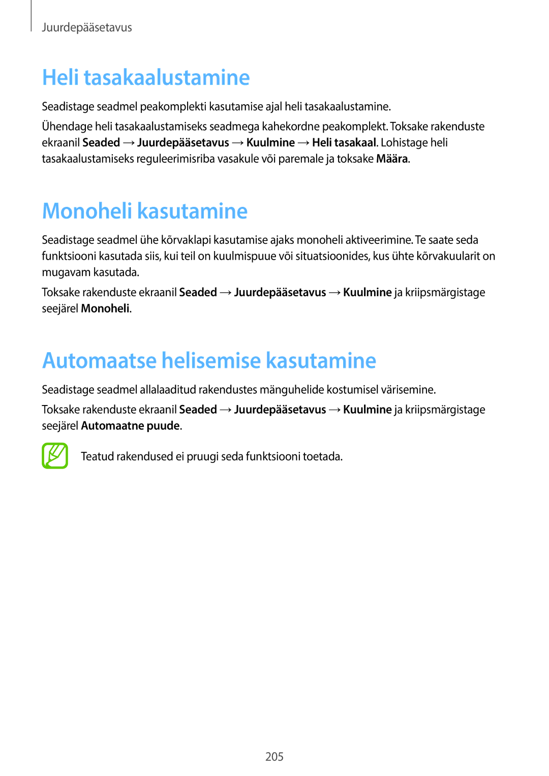 Samsung SM-C1150ZKADBT, SM-C1150ZKASEB manual Heli tasakaalustamine, Monoheli kasutamine, Automaatse helisemise kasutamine 