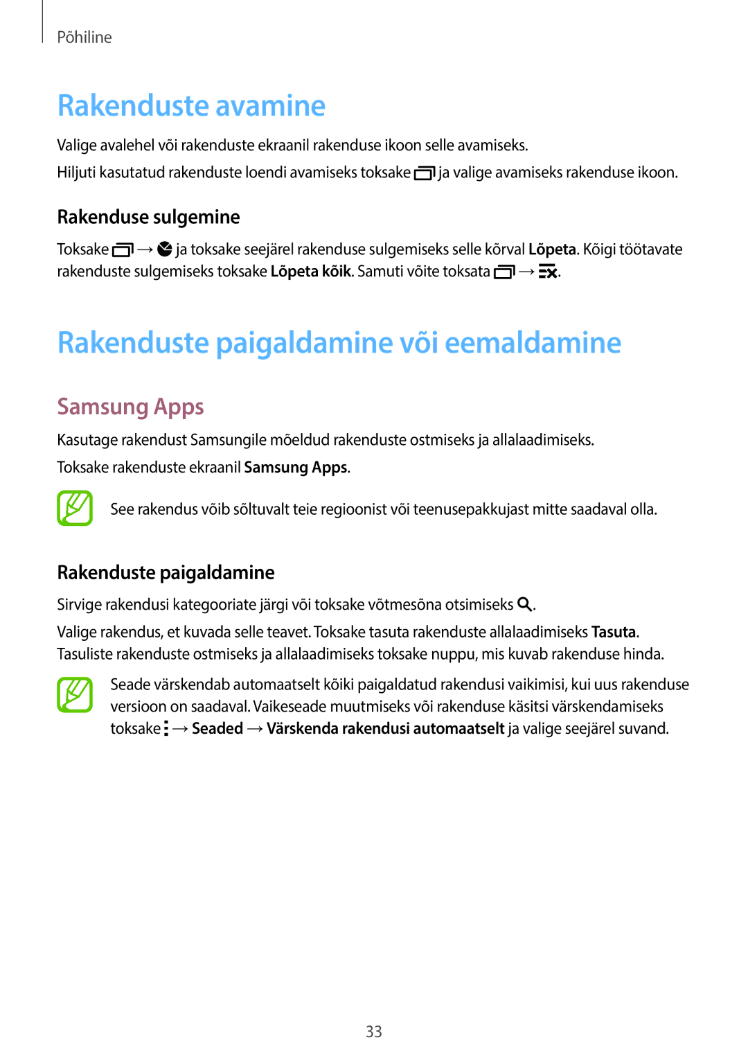 Samsung SM-C1150ZKASEB Rakenduste avamine, Rakenduste paigaldamine või eemaldamine, Samsung Apps, Rakenduse sulgemine 