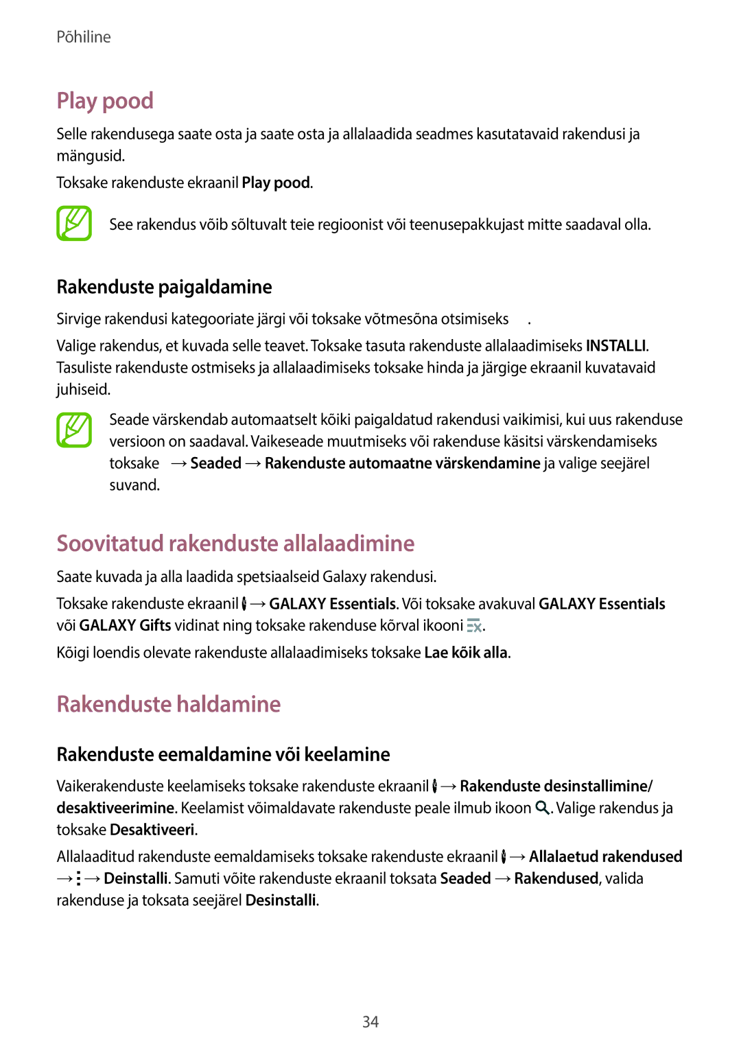 Samsung SM-C1150ZKADBT manual Play pood, Soovitatud rakenduste allalaadimine, Rakenduste haldamine, Toksake Desaktiveeri 