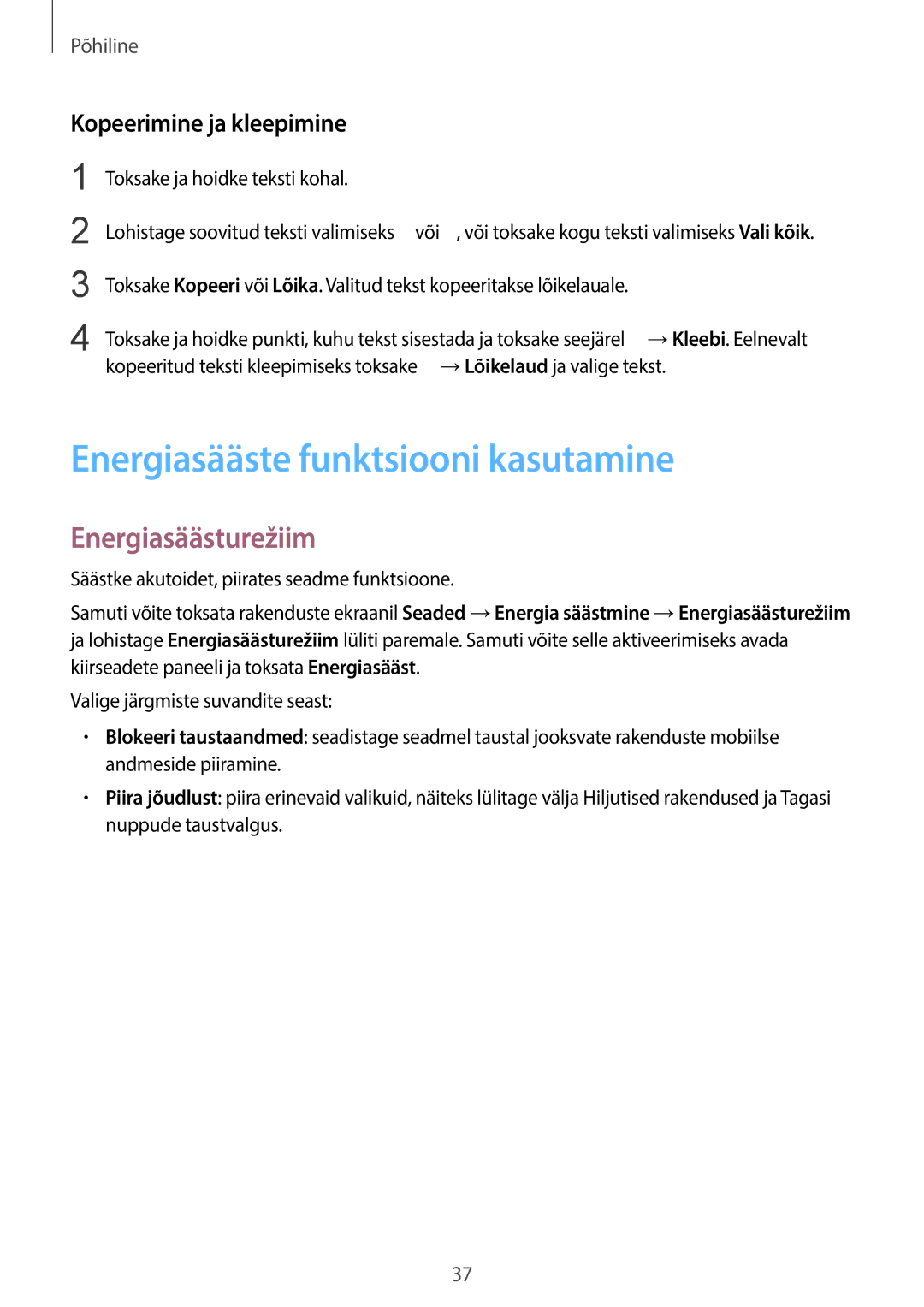 Samsung SM-C1150ZKADBT manual Energiasääste funktsiooni kasutamine, Energiasäästurežiim, Kopeerimine ja kleepimine 