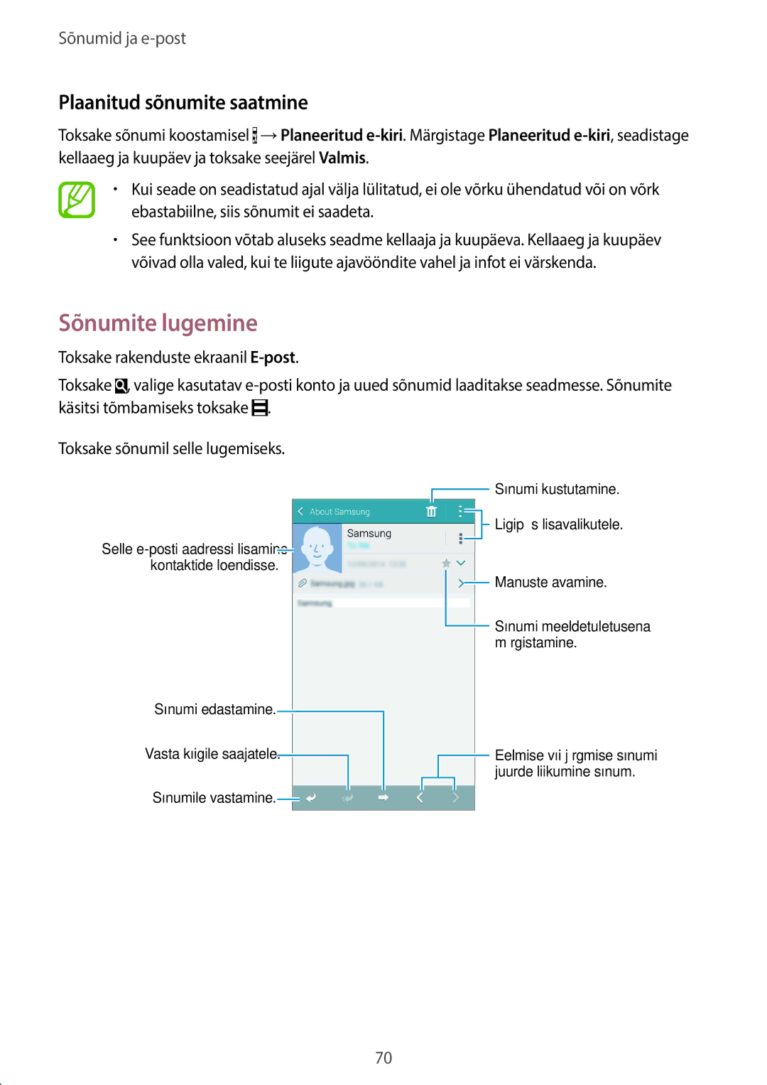 Samsung SM-C1150ZKADBT, SM-C1150ZKASEB, SM-C1150ZWASEB manual Sõnumite lugemine, Plaanitud sõnumite saatmine 