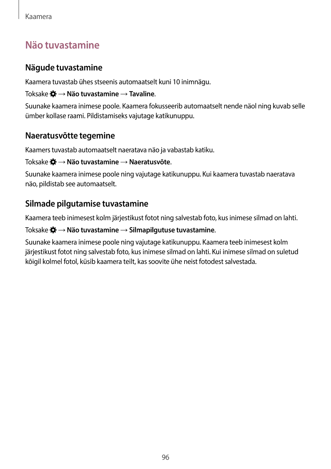 Samsung SM-C1150ZKASEB manual Näo tuvastamine, Nägude tuvastamine, Naeratusvõtte tegemine, Silmade pilgutamise tuvastamine 