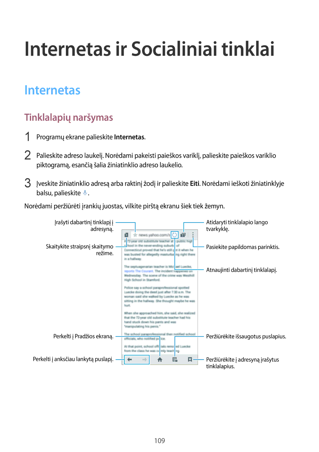 Samsung SM-C1150ZKADBT, SM-C1150ZKASEB, SM-C1150ZWASEB manual Internetas, Tinklalapių naršymas 