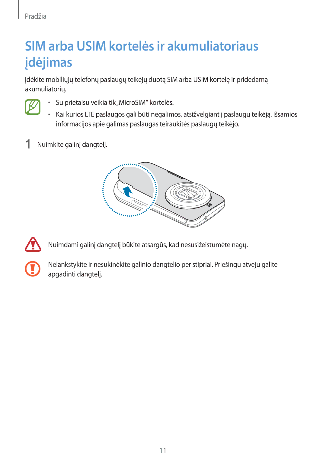 Samsung SM-C1150ZWASEB, SM-C1150ZKASEB, SM-C1150ZKADBT manual SIM arba Usim kortelės ir akumuliatoriaus įdėjimas 