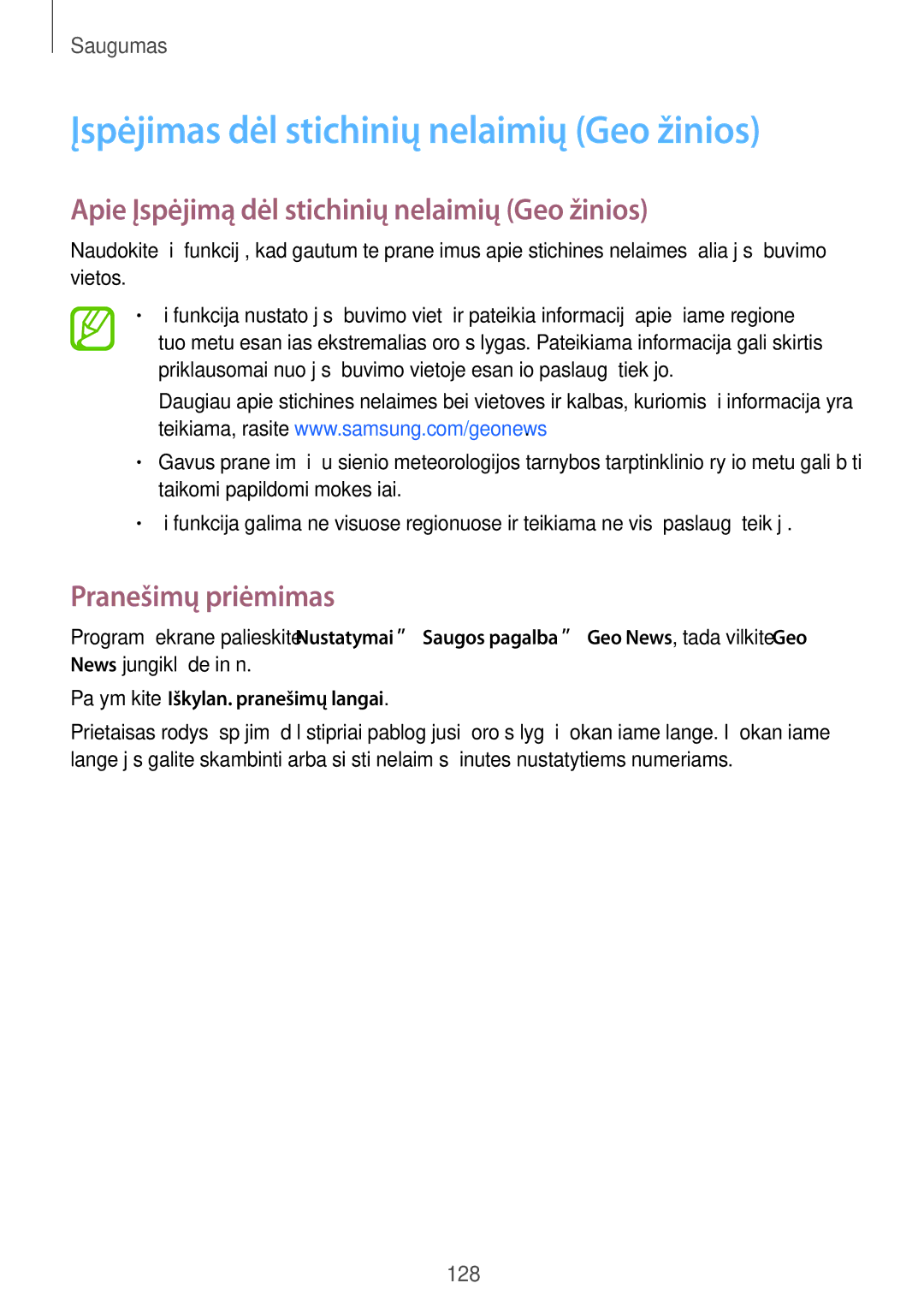 Samsung SM-C1150ZWASEB manual Įspėjimas dėl stichinių nelaimių Geo žinios, Apie Įspėjimą dėl stichinių nelaimių Geo žinios 
