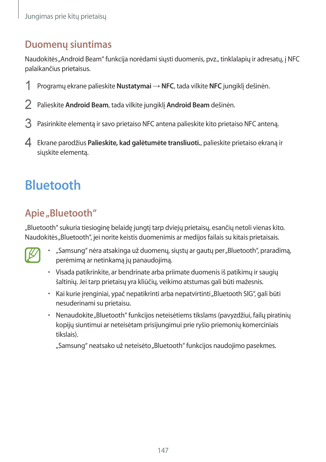 Samsung SM-C1150ZKASEB, SM-C1150ZKADBT, SM-C1150ZWASEB manual Duomenų siuntimas, Apie„Bluetooth 