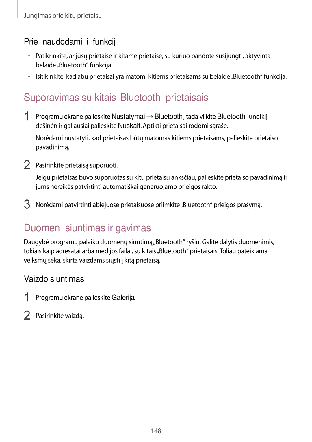 Samsung SM-C1150ZKADBT manual Suporavimas su kitais„Bluetooth prietaisais, Duomenų siuntimas ir gavimas, Vaizdo siuntimas 