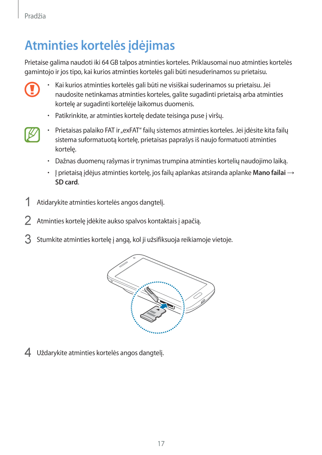 Samsung SM-C1150ZWASEB, SM-C1150ZKASEB, SM-C1150ZKADBT manual Atminties kortelės įdėjimas 